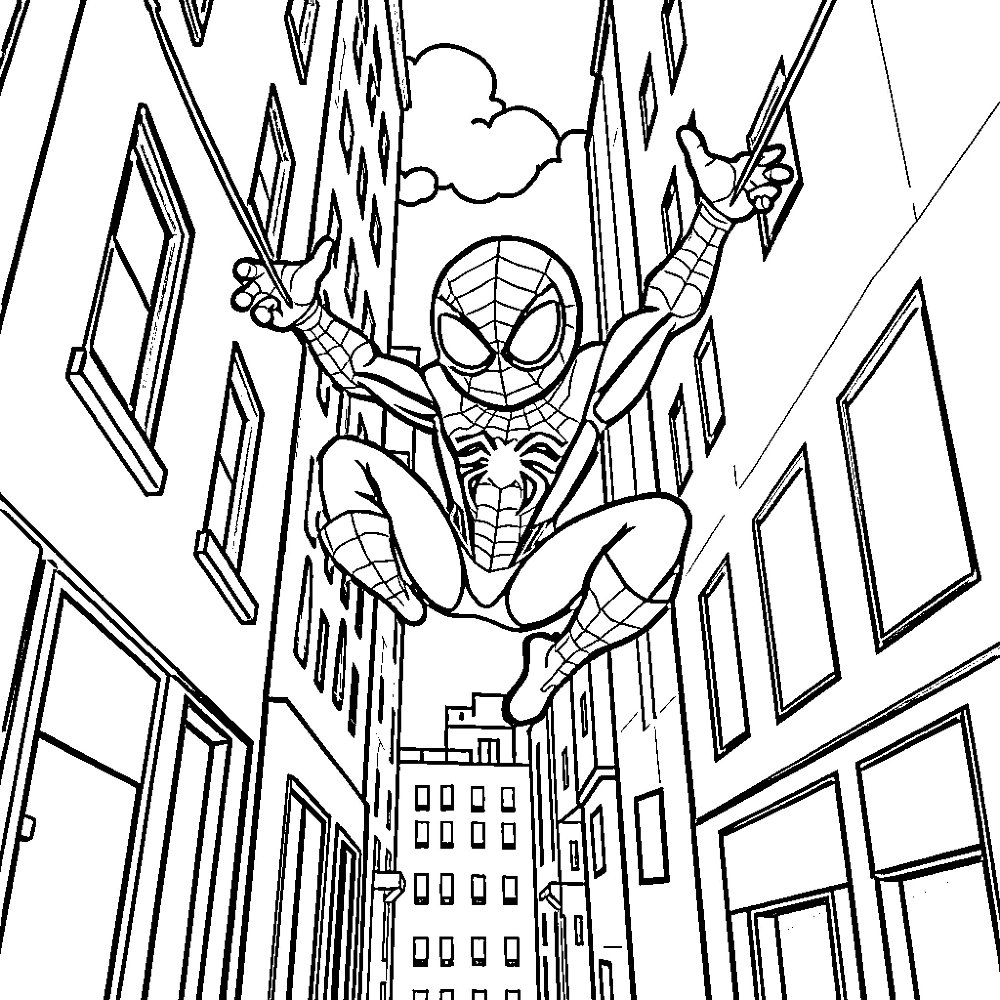 Spiderman swinging through the city skyline Coloring Page (free black-and-white line drawing printable PDF for all, from beginners to advanced learners, including children, teens, adults, and seniors)