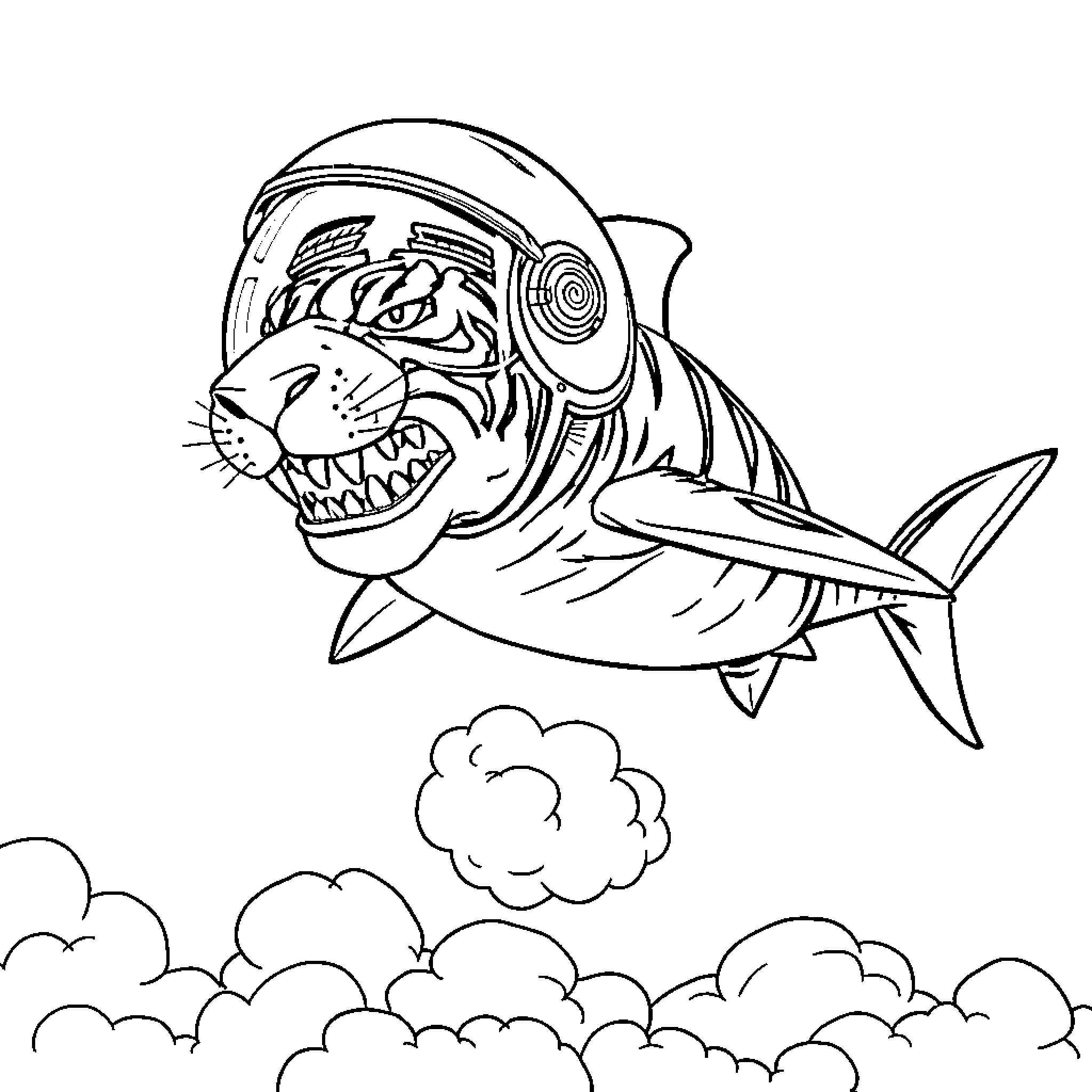 Tiger Shark scuba diving with clouds Coloring Page (free black-and-white line drawing printable PDF for all, from beginners to advanced learners, including children, teens, adults, and seniors)