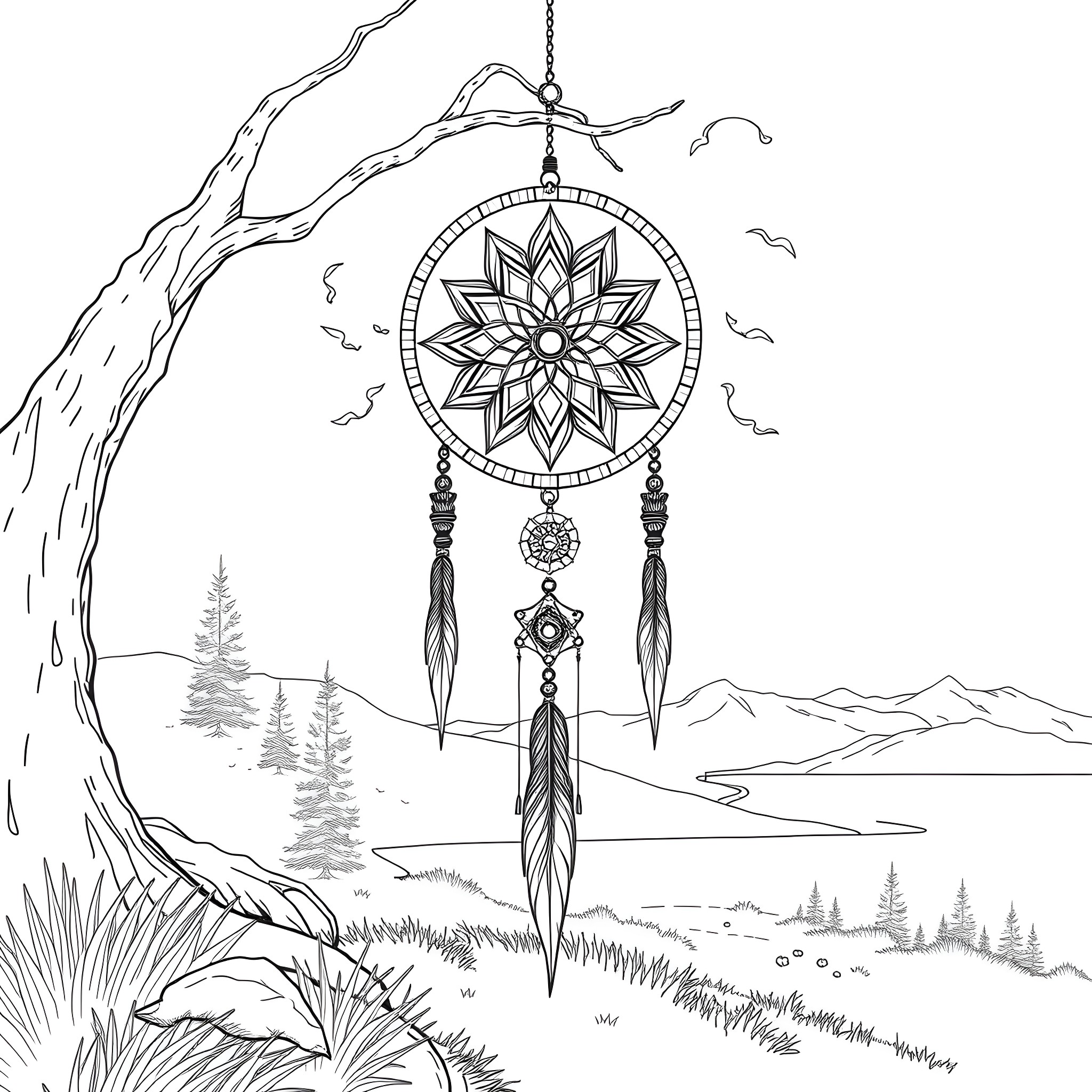Great Spirit's Dream Catcher in the Wilderness Coloring Page (free black-and-white line drawing printable PDF for all, from beginners to advanced learners, including children, teens, adults, and seniors)
