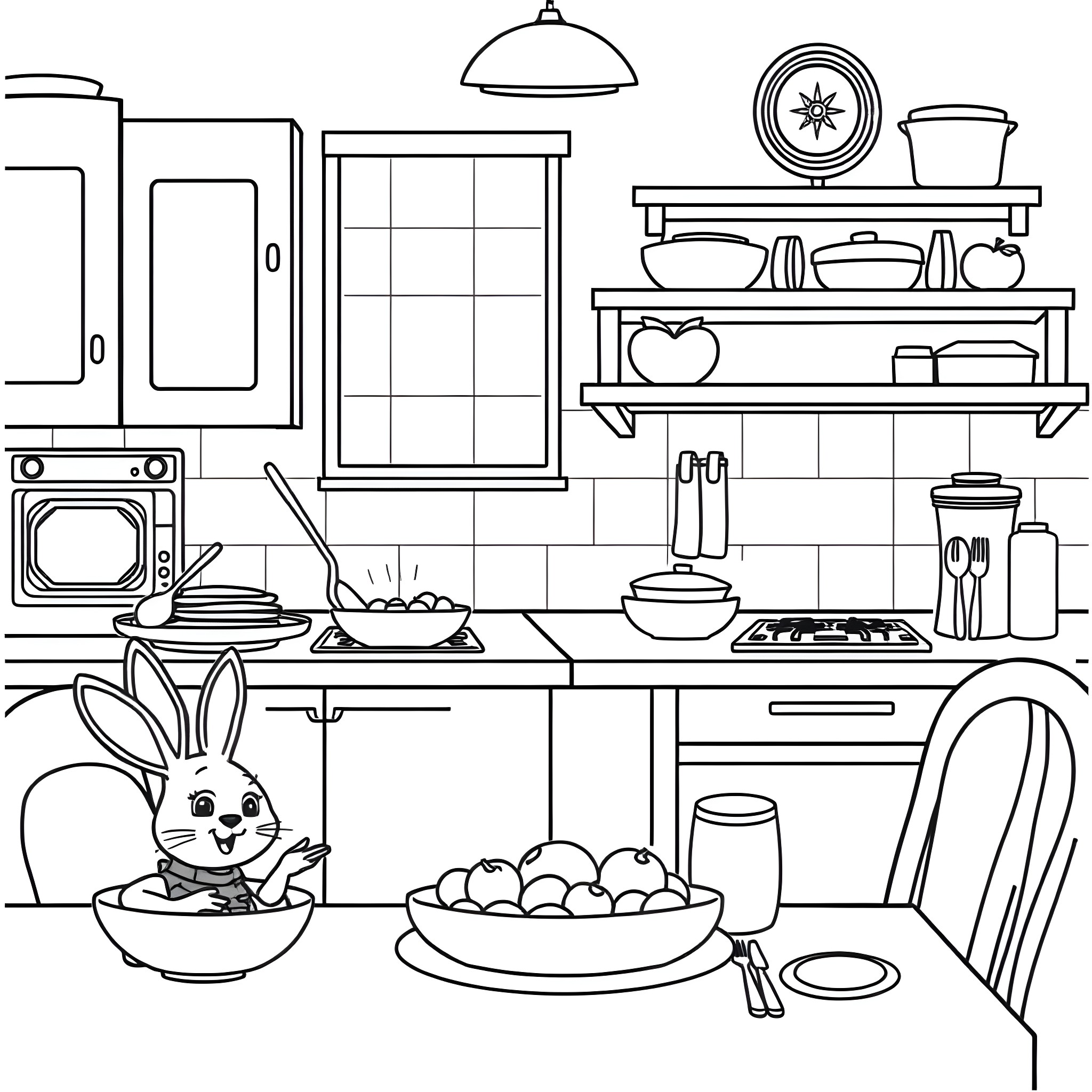 Rabbit preparing meals in the kitchen Coloring Page (free black-and-white line drawing printable PDF for all, from beginners to advanced learners, including children, teens, adults, and seniors)
