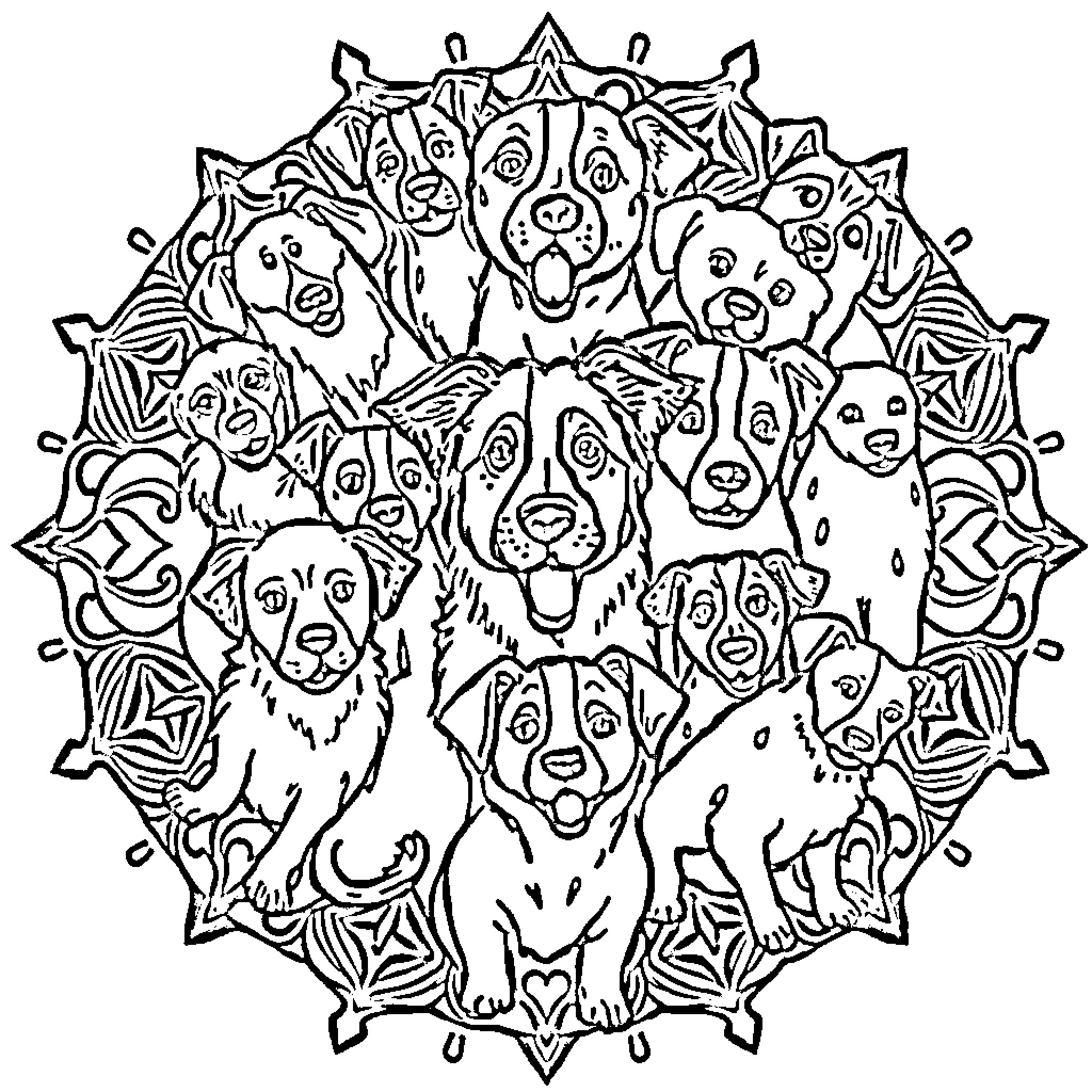 Dog pack playing and exploring in nature Coloring Page (free black-and-white line drawing printable PDF for all, from beginners to advanced learners, including children, teens, adults, and seniors)
