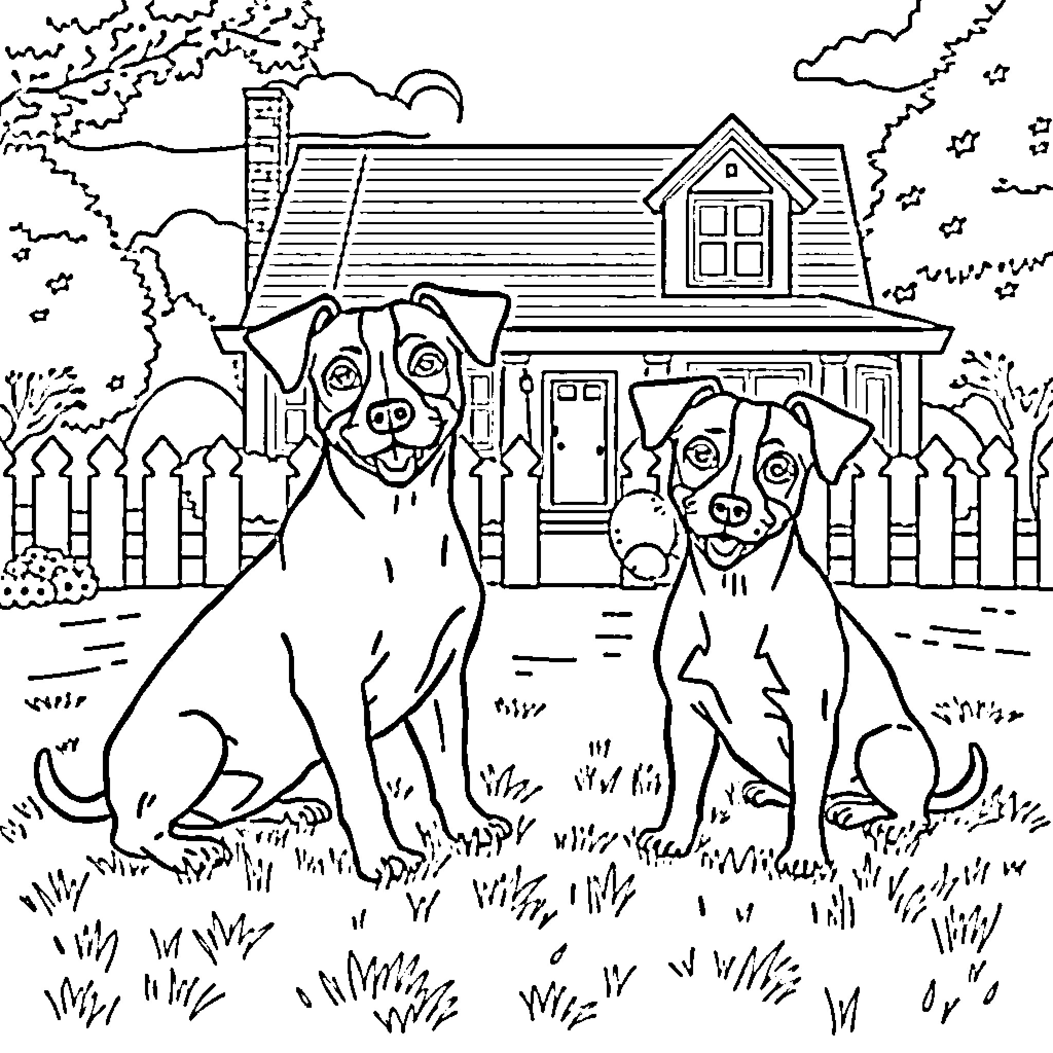 Jack Russell Terriers playing outside their home Coloring Page (free black-and-white line drawing printable PDF for all, from beginners to advanced learners, including children, teens, adults, and seniors)