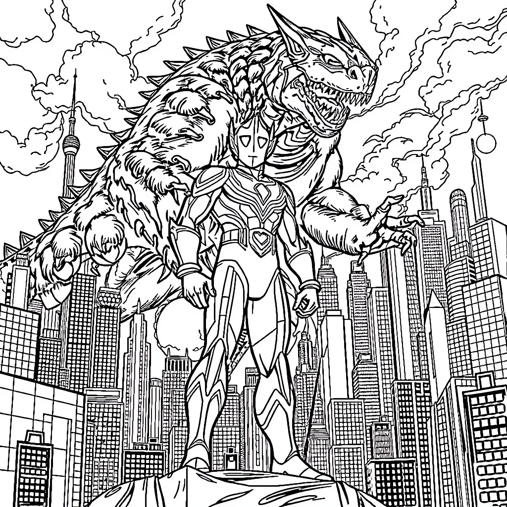 Ultraman Battles Mighty Kaiju in Futuristic City Coloring Page (free black-and-white line drawing printable PDF for all, from beginners to advanced learners, including children, teens, adults, and seniors)