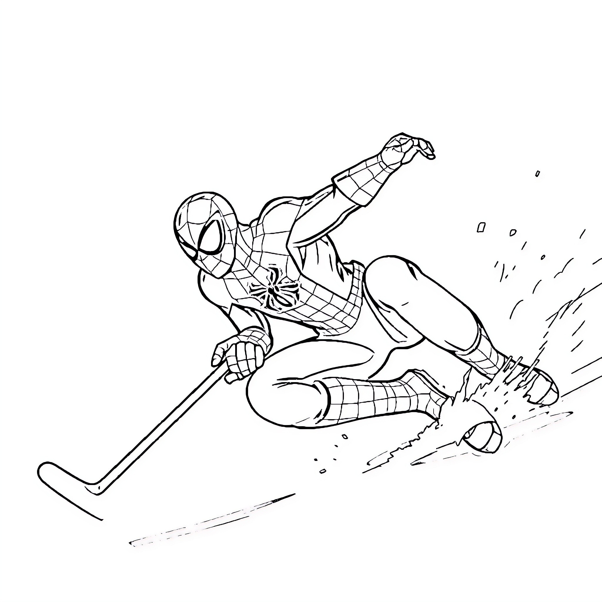 Spiderman leaping into action with heroic pose Coloring Page (free black-and-white line drawing printable PDF for all, from beginners to advanced learners, including children, teens, adults, and seniors)