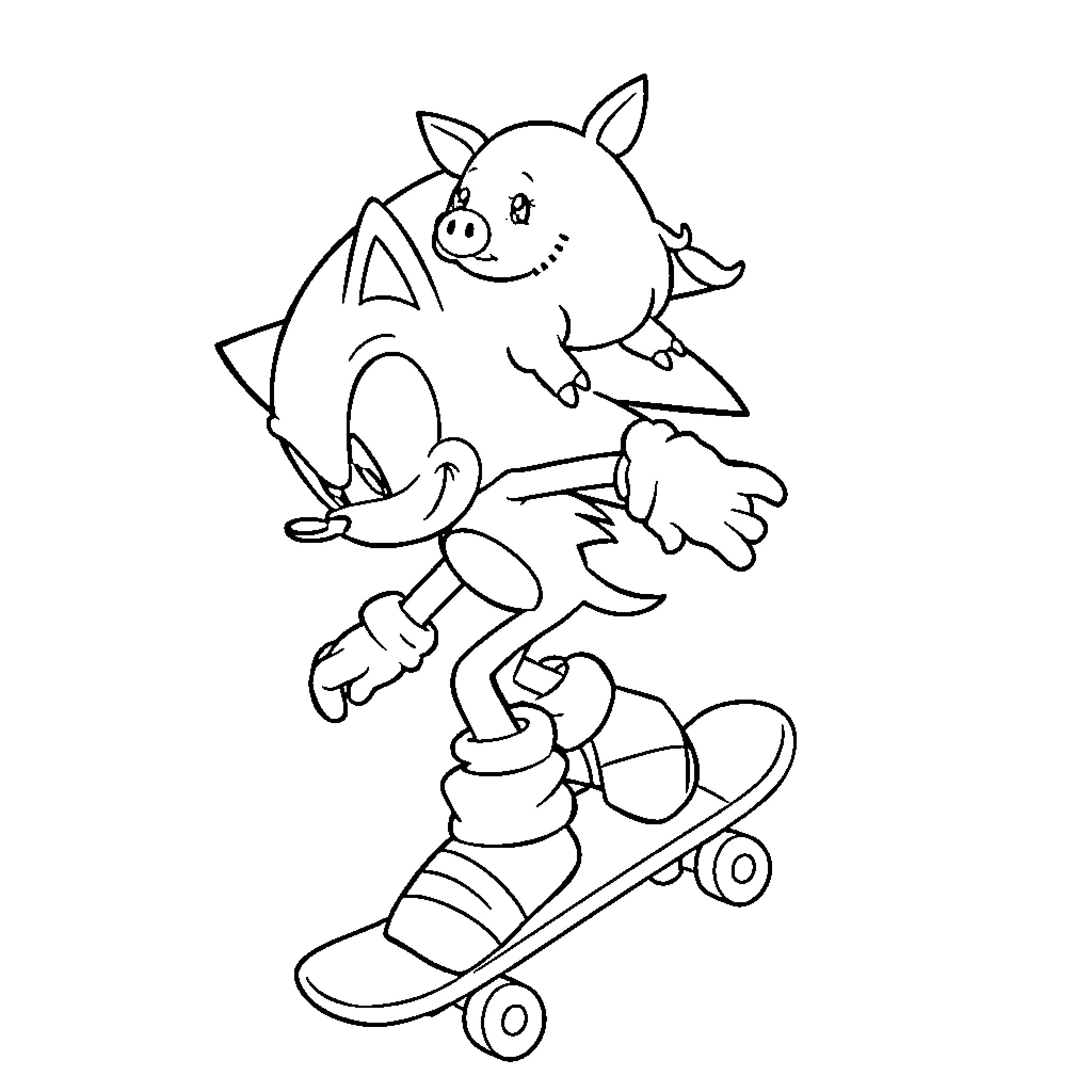 Sonic Riding Skateboard with Pig-Like Creature Coloring Page (free black-and-white line drawing printable PDF for all, from beginners to advanced learners, including children, teens, adults, and seniors)