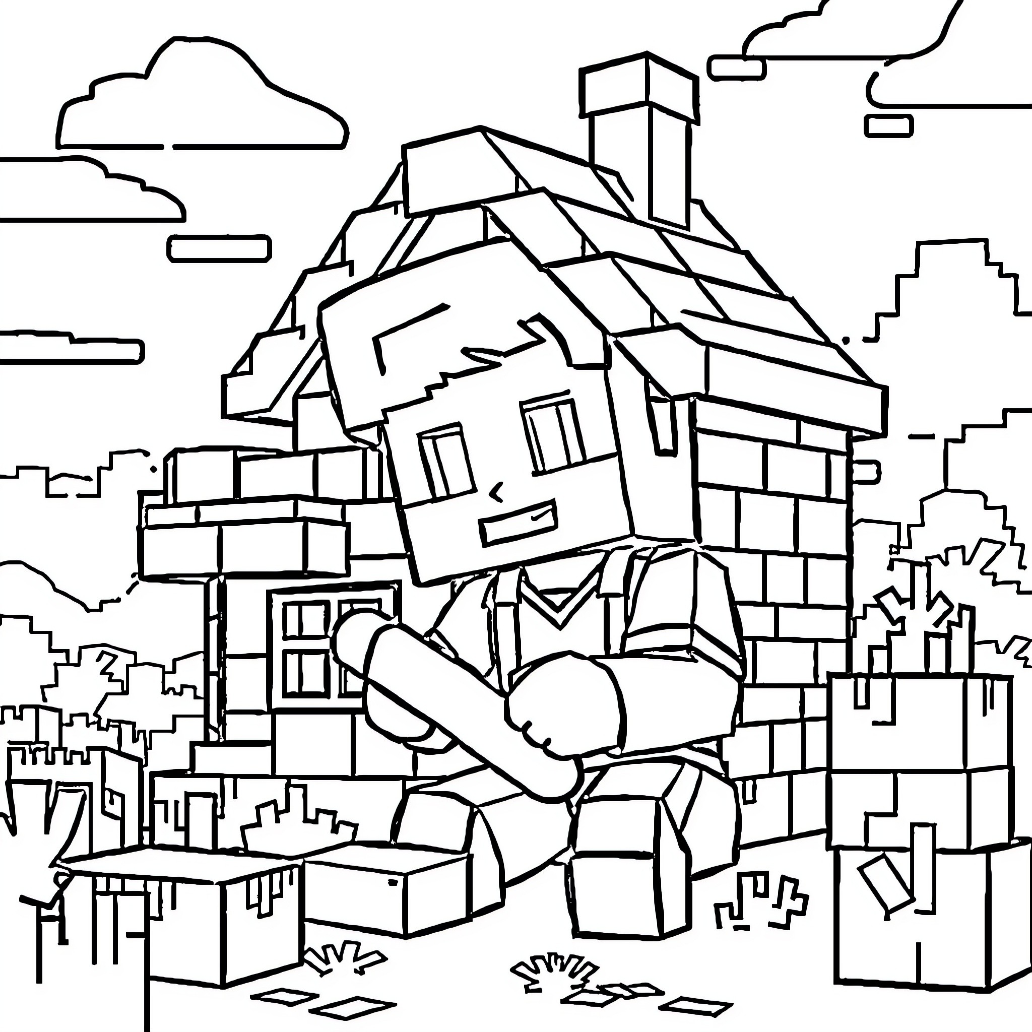 Henry's Imaginative Building Adventure Coloring Page (free black-and-white line drawing printable PDF for all, from beginners to advanced learners, including children, teens, adults, and seniors)