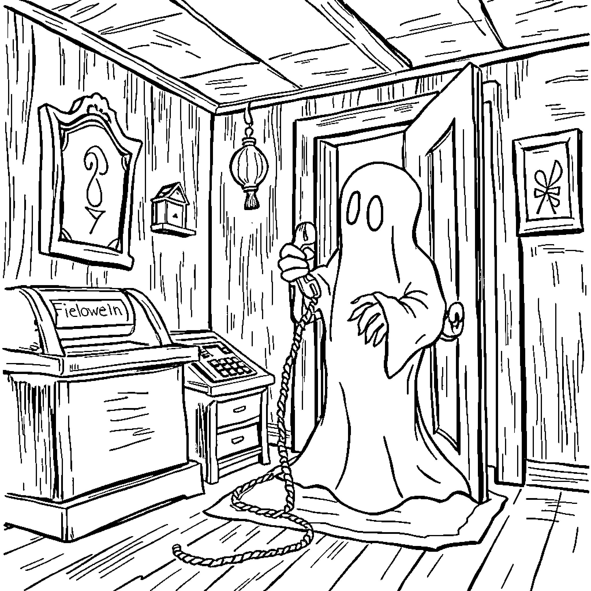 Ghost Entering a Spooky Haunted House Coloring Page (free black-and-white line drawing printable PDF for all, from beginners to advanced learners, including children, teens, adults, and seniors)