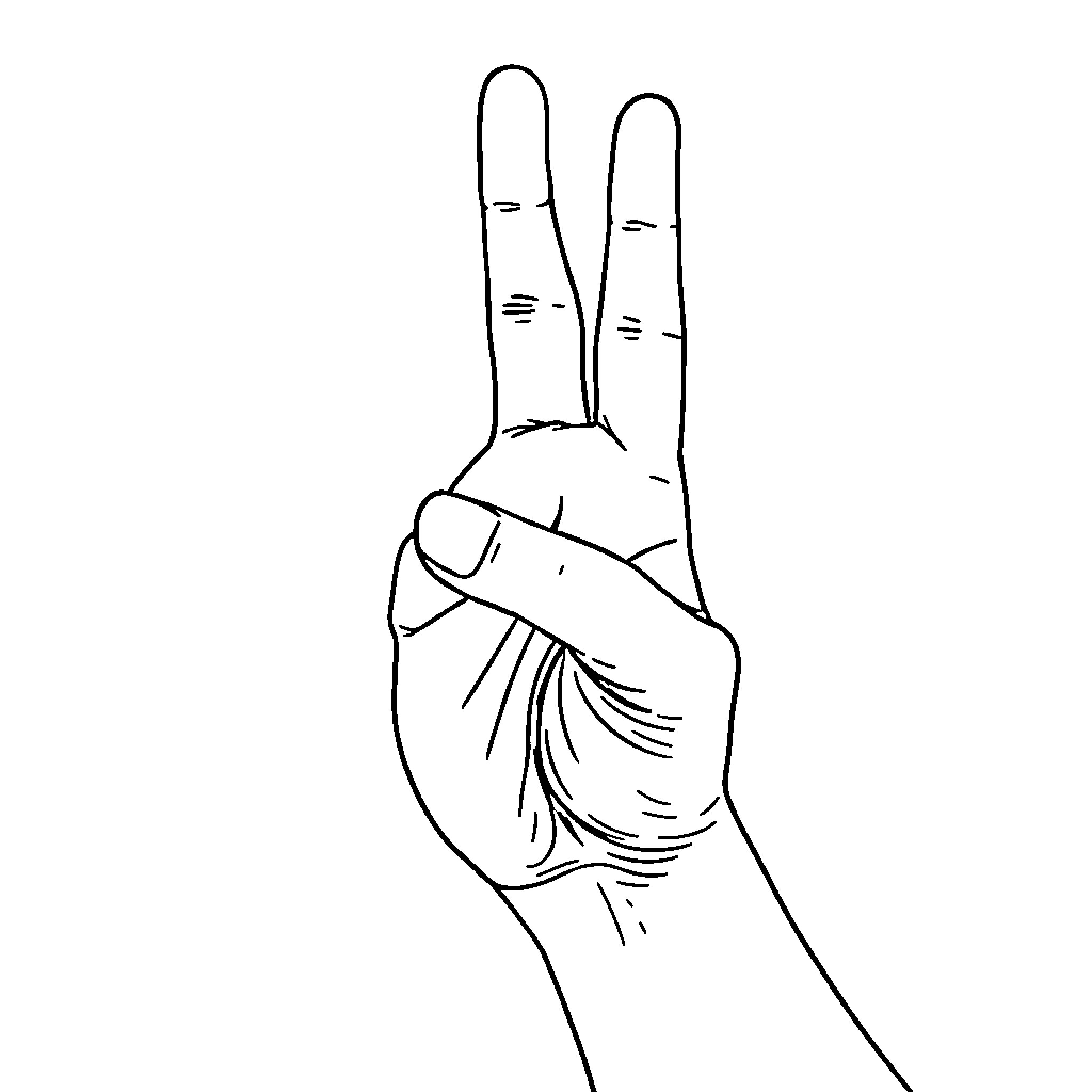 Sign Language Hand Gesture of Peace Coloring Page (free black-and-white line drawing printable PDF for all, from beginners to advanced learners, including children, teens, adults, and seniors)