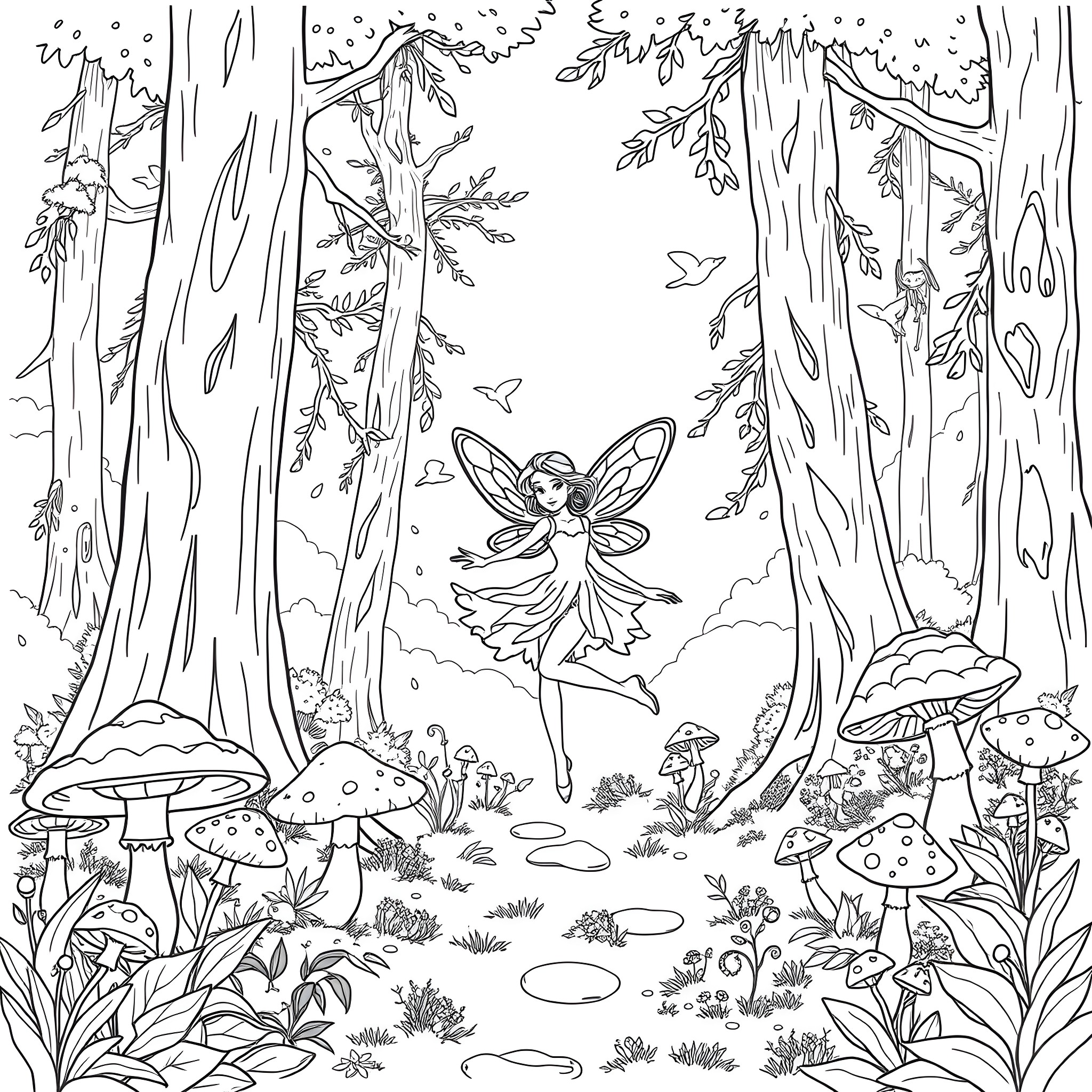 Fairy dancing gracefully in the enchanted forest Coloring Page (free black-and-white line drawing printable PDF for all, from beginners to advanced learners, including children, teens, adults, and seniors)