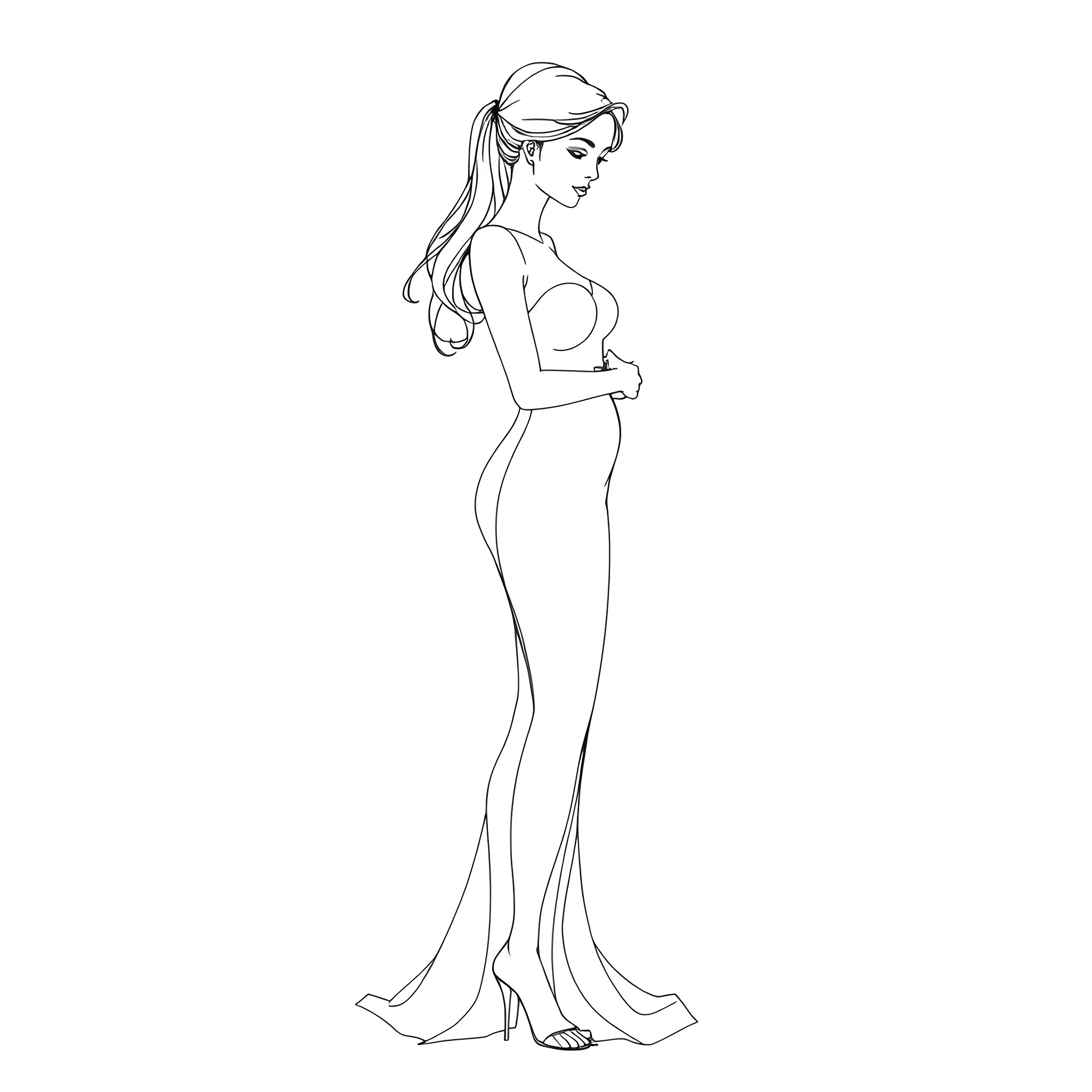 Woman in Elegant Formal Gown Coloring Page (free black-and-white line drawing printable PDF for all, from beginners to advanced learners, including children, teens, adults, and seniors)