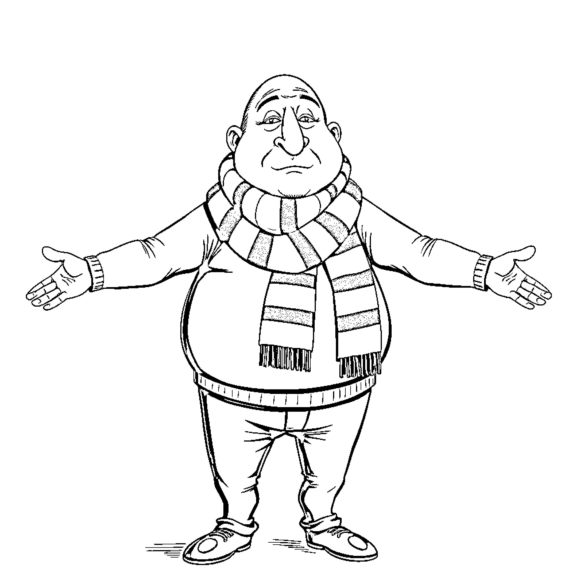Man in winter clothing with open arms Coloring Page (free black-and-white line drawing printable PDF for all, from beginners to advanced learners, including children, teens, adults, and seniors)
