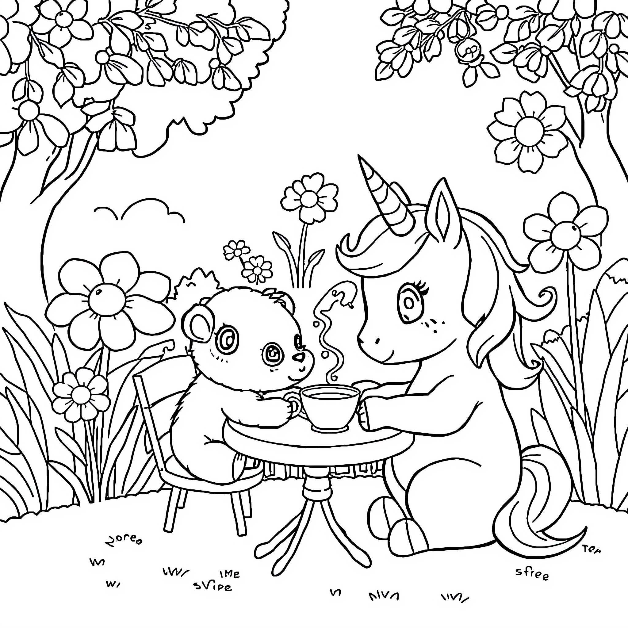 Unicorn and Creature Sharing a Meal in Flower Garden Coloring Page (free black-and-white line drawing printable PDF for all, from beginners to advanced learners, including children, teens, adults, and seniors)