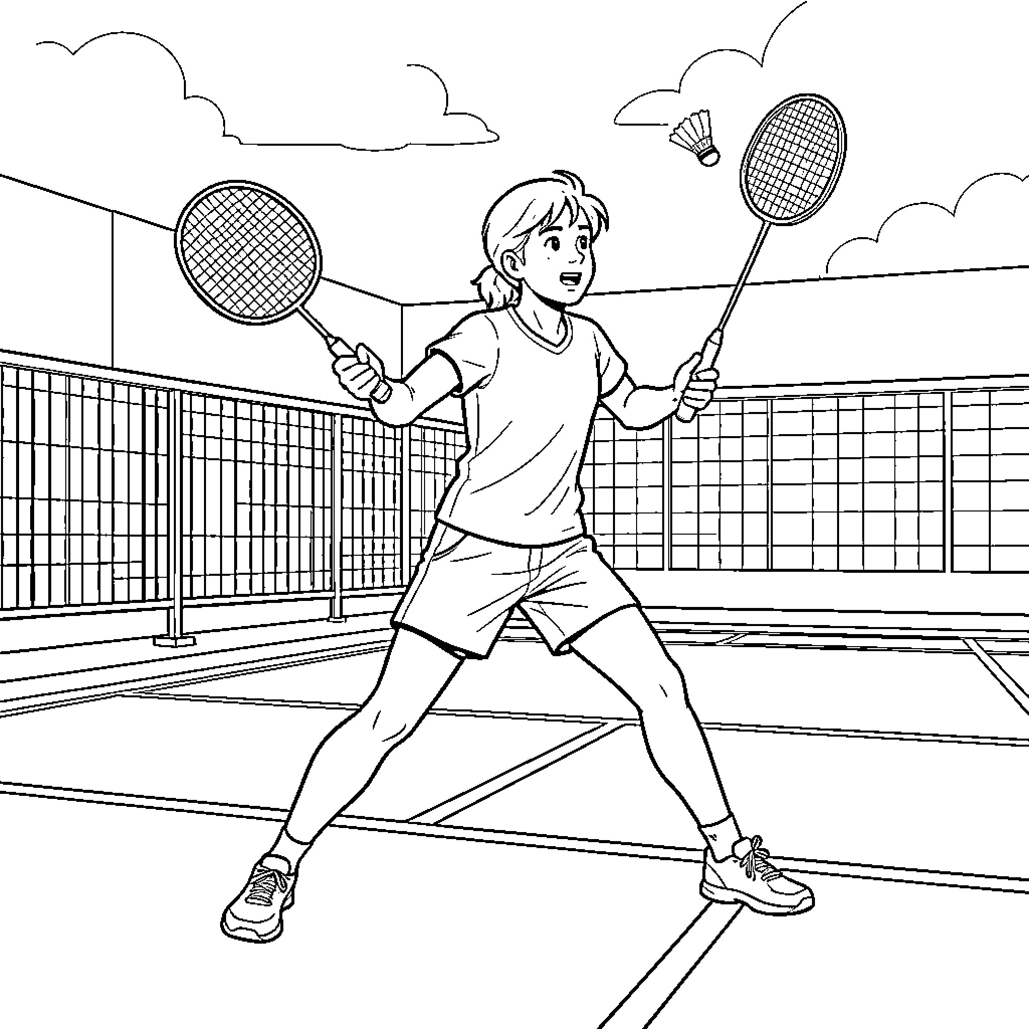 Badminton player focused on hitting the shuttlecock Coloring Page (free black-and-white line drawing printable PDF for all, from beginners to advanced learners, including children, teens, adults, and seniors)