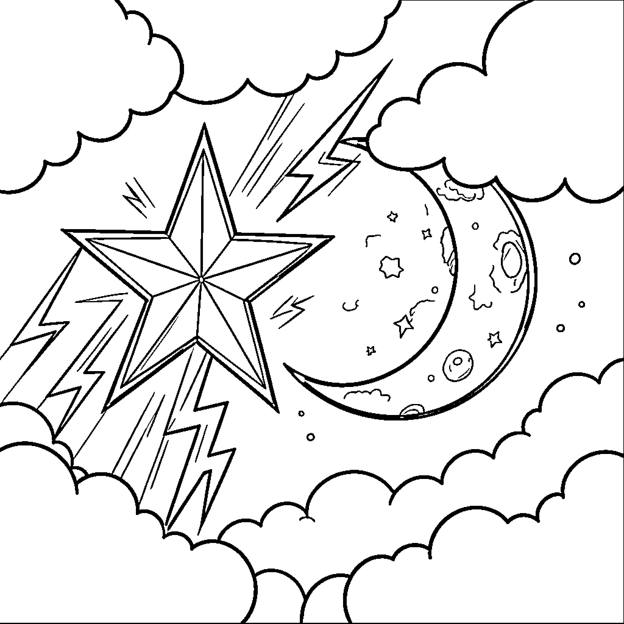 Star and Moon shining brightly among fluffy clouds Coloring Page (free black-and-white line drawing printable PDF for all, from beginners to advanced learners, including children, teens, adults, and seniors)