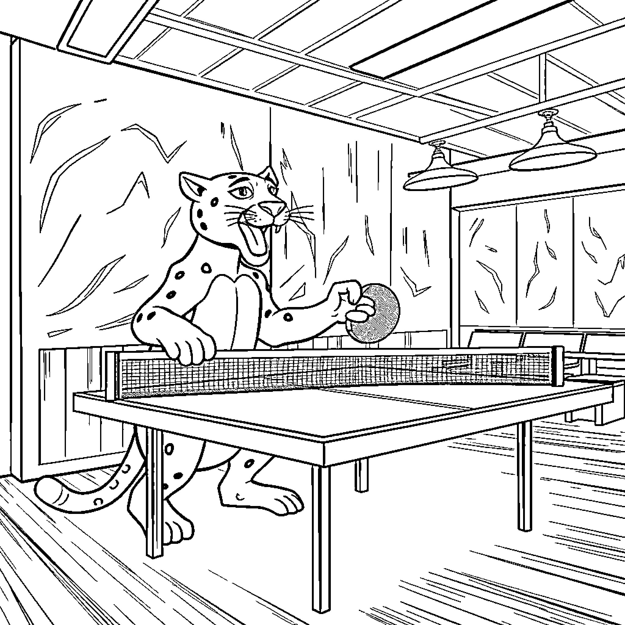 Panther Fiercely Playing Table Tennis in Indoor Court Coloring Page (free black-and-white line drawing printable PDF for all, from beginners to advanced learners, including children, teens, adults, and seniors)