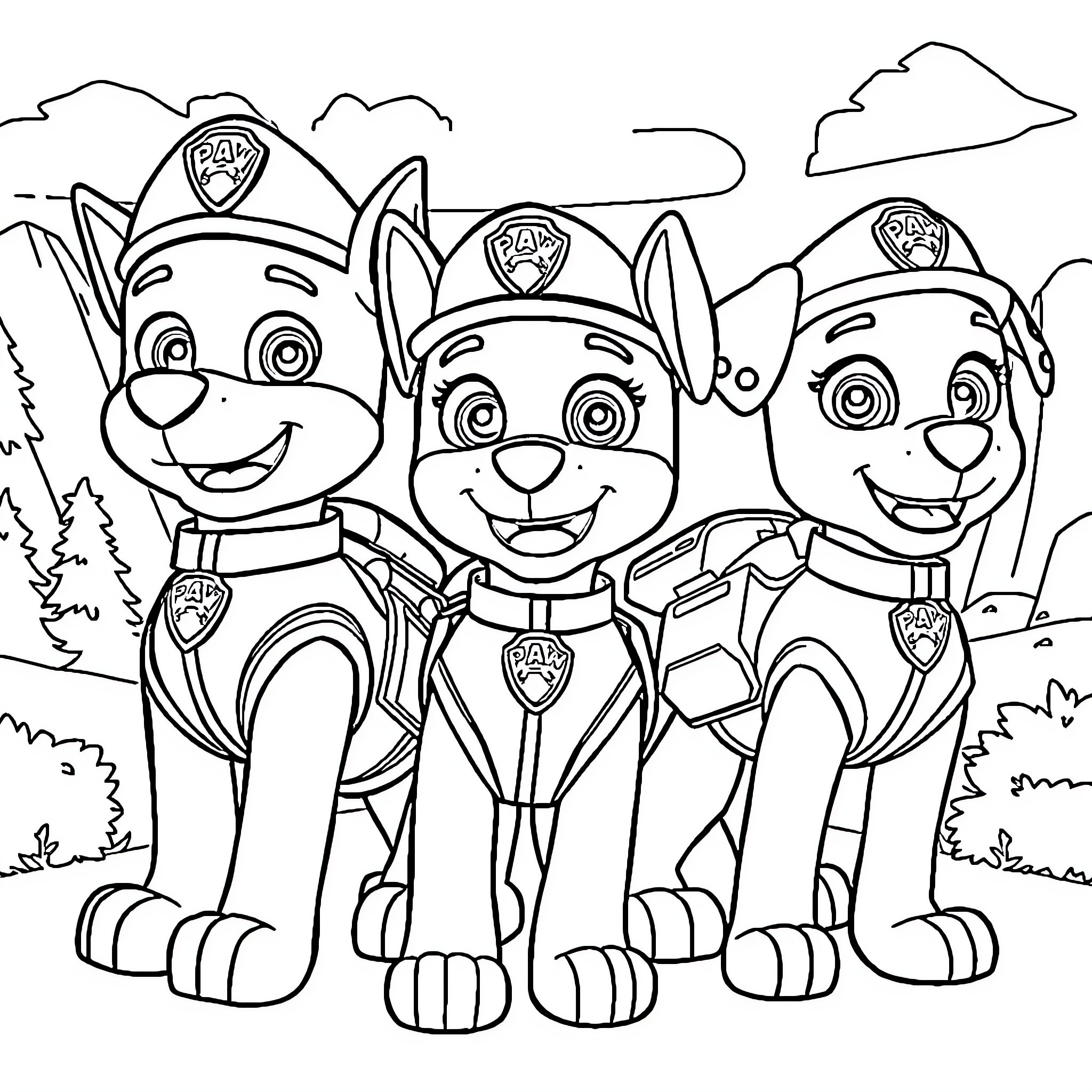 Paw Patrol Puppies on a Mission Coloring Page (free black-and-white line drawing printable PDF for all, from beginners to advanced learners, including children, teens, adults, and seniors)