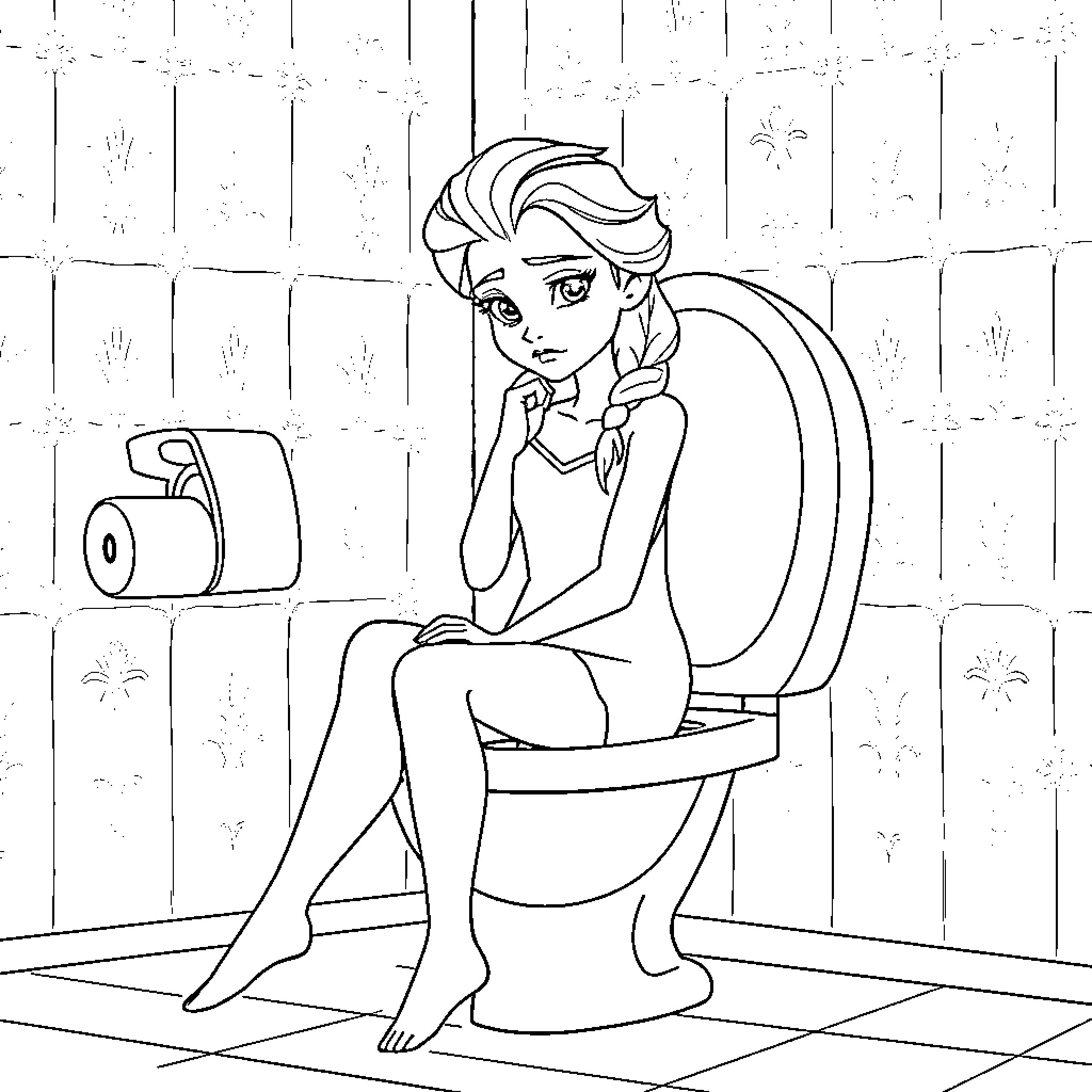 Elsa sitting thoughtfully on the toilet Coloring Page (free black-and-white line drawing printable PDF for all, from beginners to advanced learners, including children, teens, adults, and seniors)