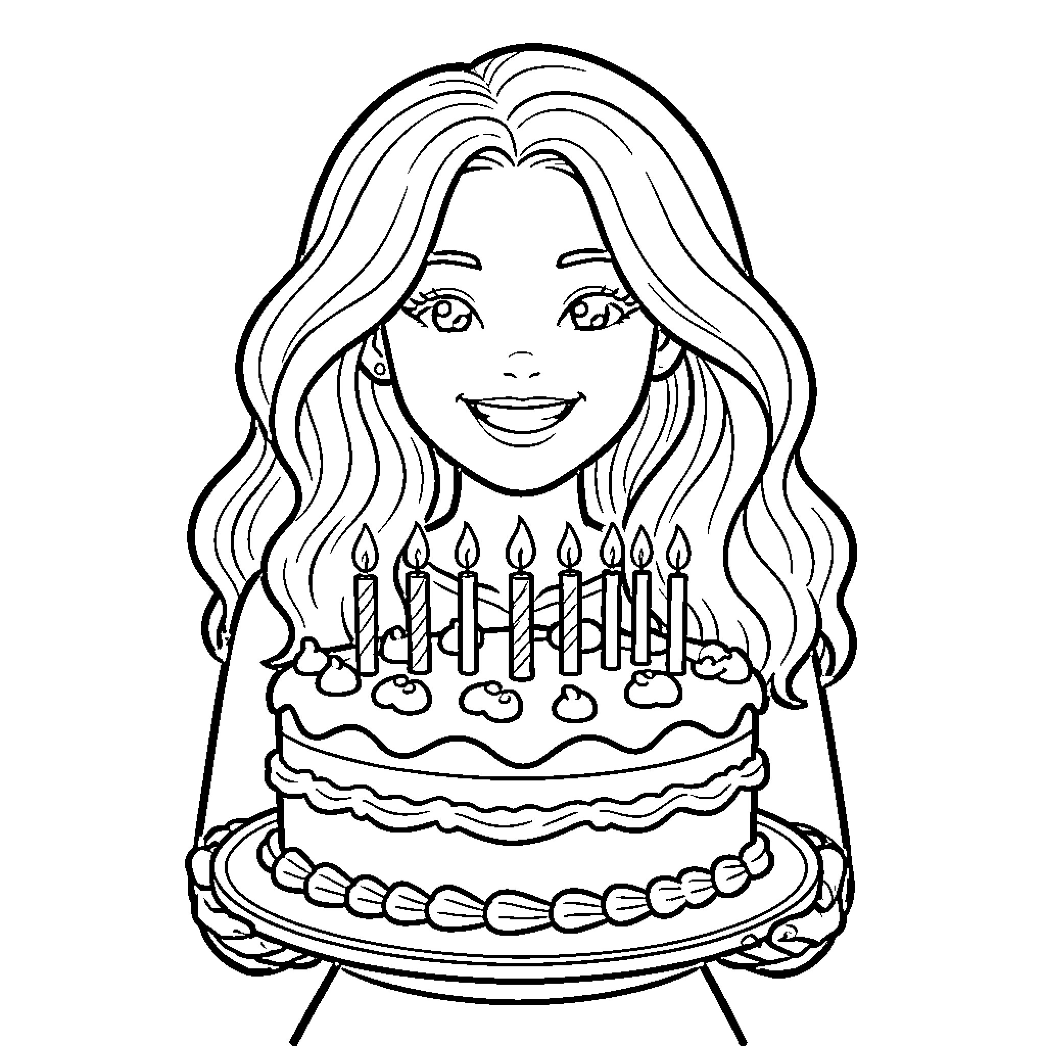 Lola Índigo smiling while holding a birthday cake Coloring Page (free black-and-white line drawing printable PDF for all, from beginners to advanced learners, including children, teens, adults, and seniors)