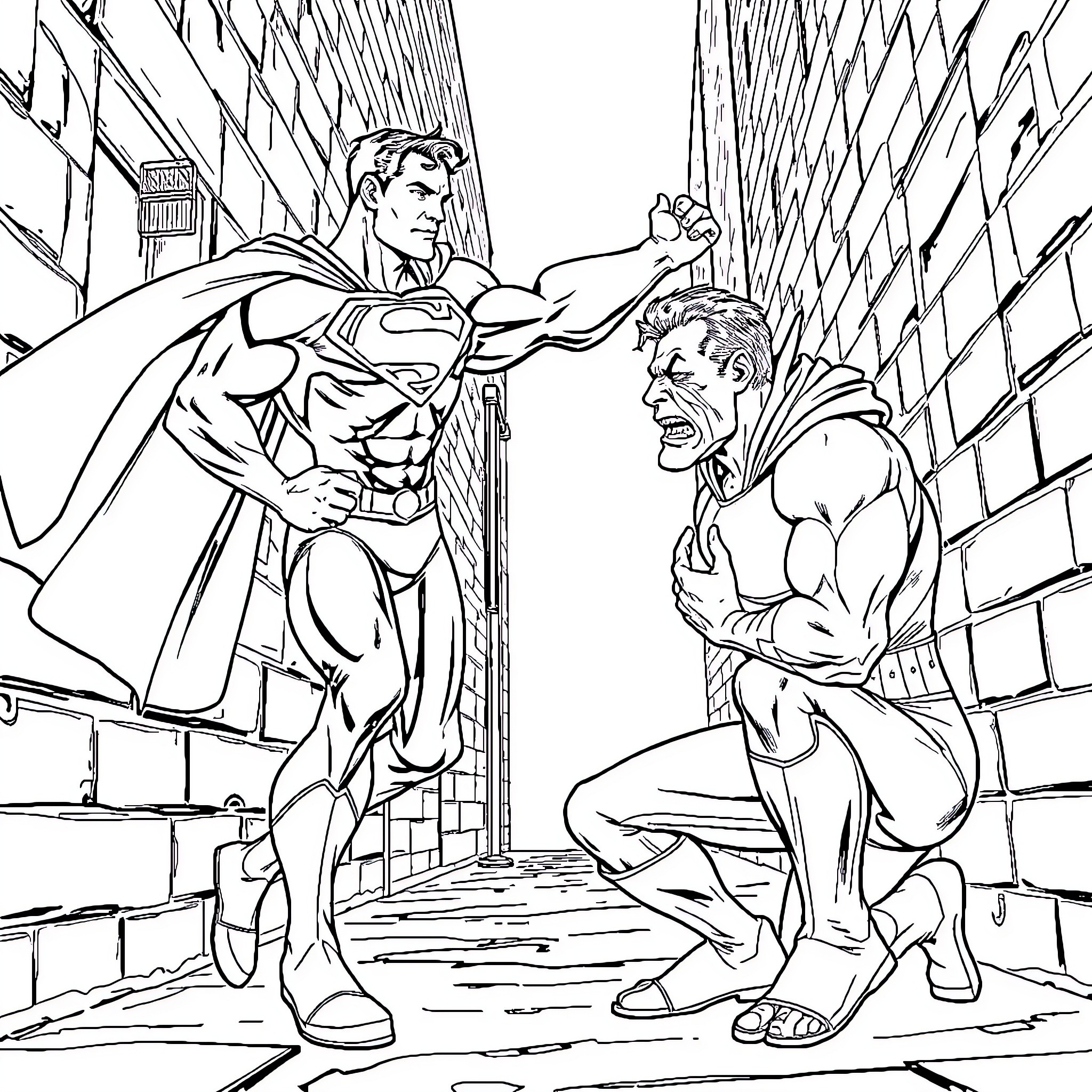Superman confronting a criminal in an alley Coloring Page (free black-and-white line drawing printable PDF for all, from beginners to advanced learners, including children, teens, adults, and seniors)