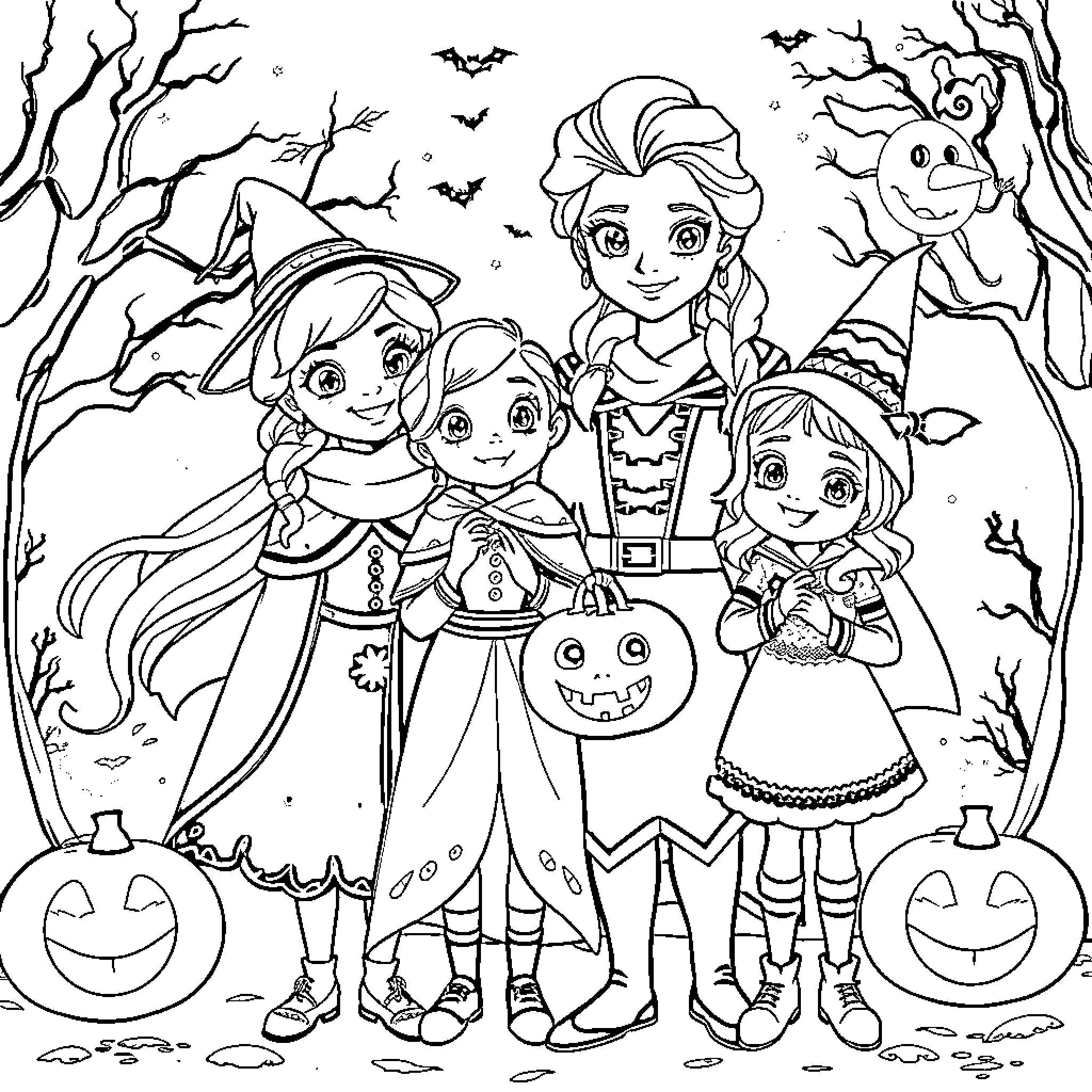 Elsa and friends celebrate Halloween with costumes and pumpkins Coloring Page (free black-and-white line drawing printable PDF for all, from beginners to advanced learners, including children, teens, adults, and seniors)