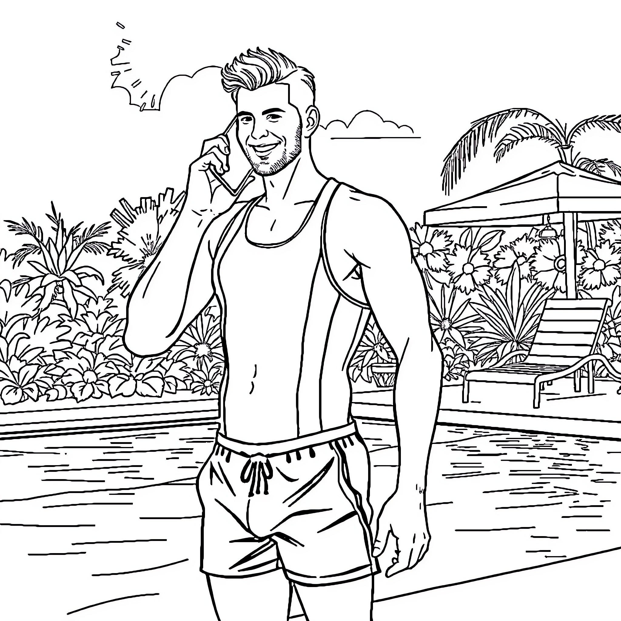 Guy relaxing on vacation at tropical resort Coloring Page (free black-and-white line drawing printable PDF for all, from beginners to advanced learners, including children, teens, adults, and seniors)