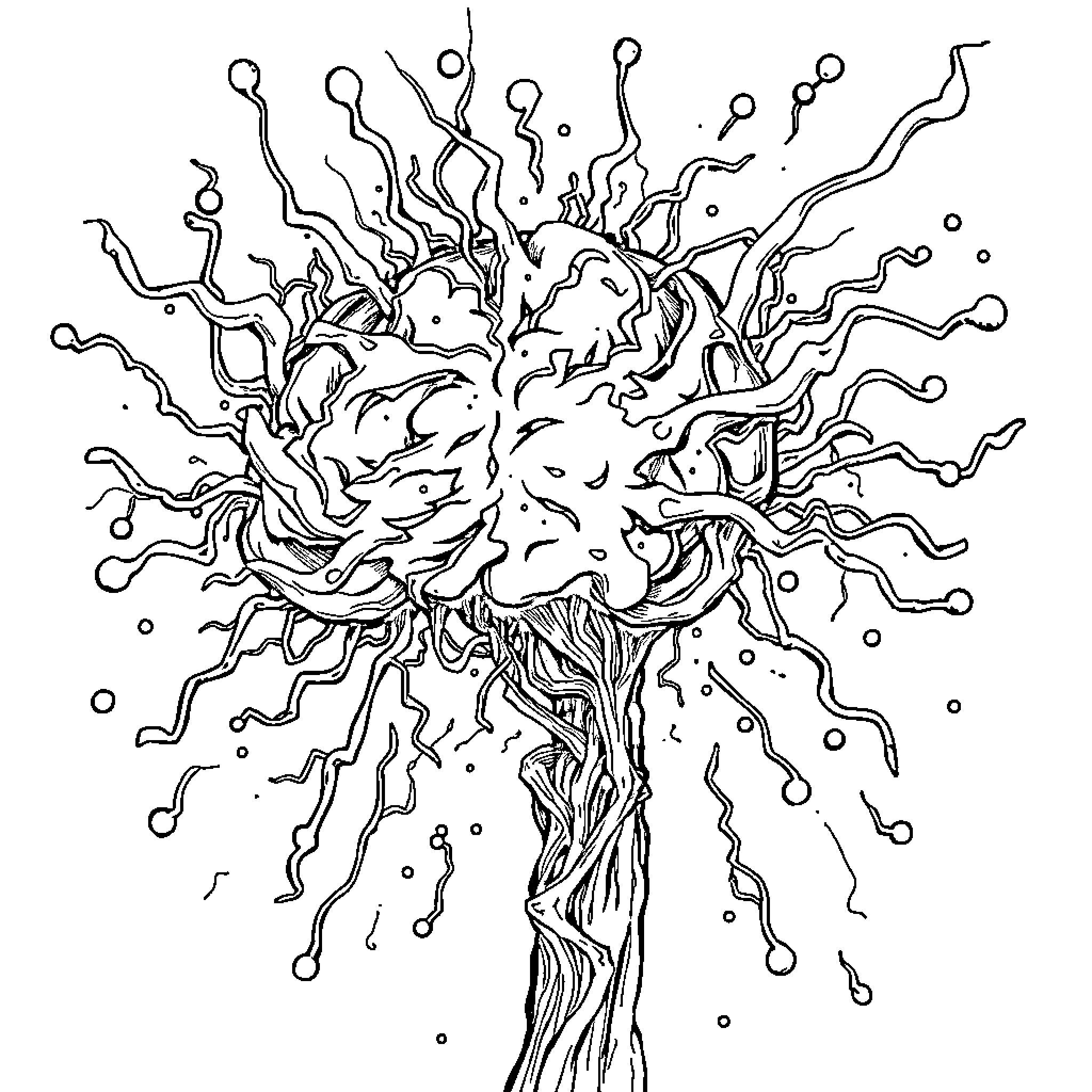 Brainrot Explosion of Chaotic Forms Coloring Page (free black-and-white line drawing printable PDF for all, from beginners to advanced learners, including children, teens, adults, and seniors)