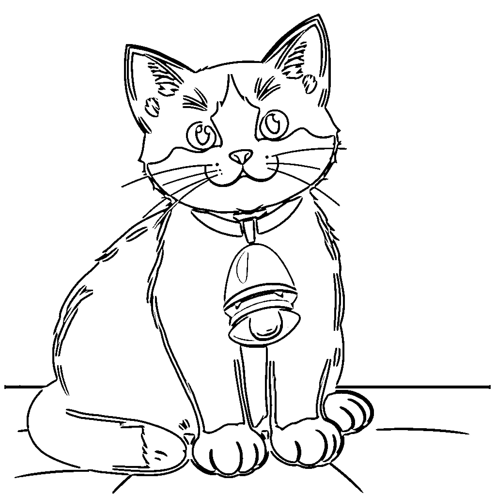 Cat wearing a Collar Bell Coloring Page (free black-and-white line drawing printable PDF for all, from beginners to advanced learners, including children, teens, adults, and seniors)