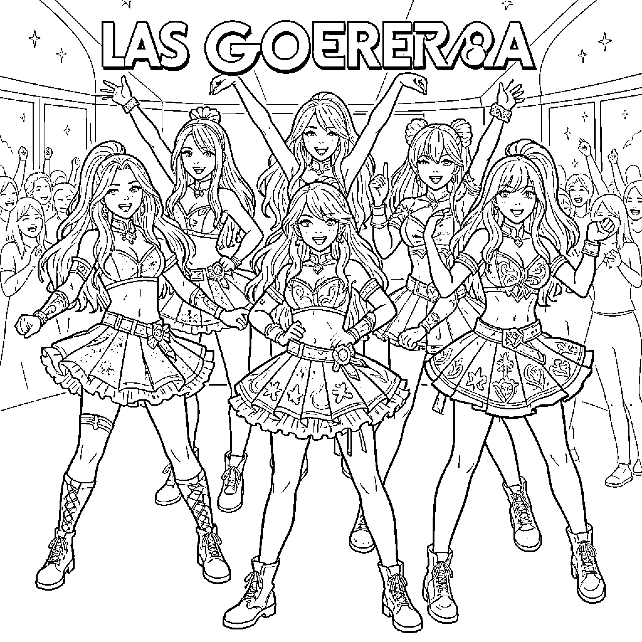 K Pop Warrior Group Poses with Confidence Coloring Page (free black-and-white line drawing printable PDF for all, from beginners to advanced learners, including children, teens, adults, and seniors)