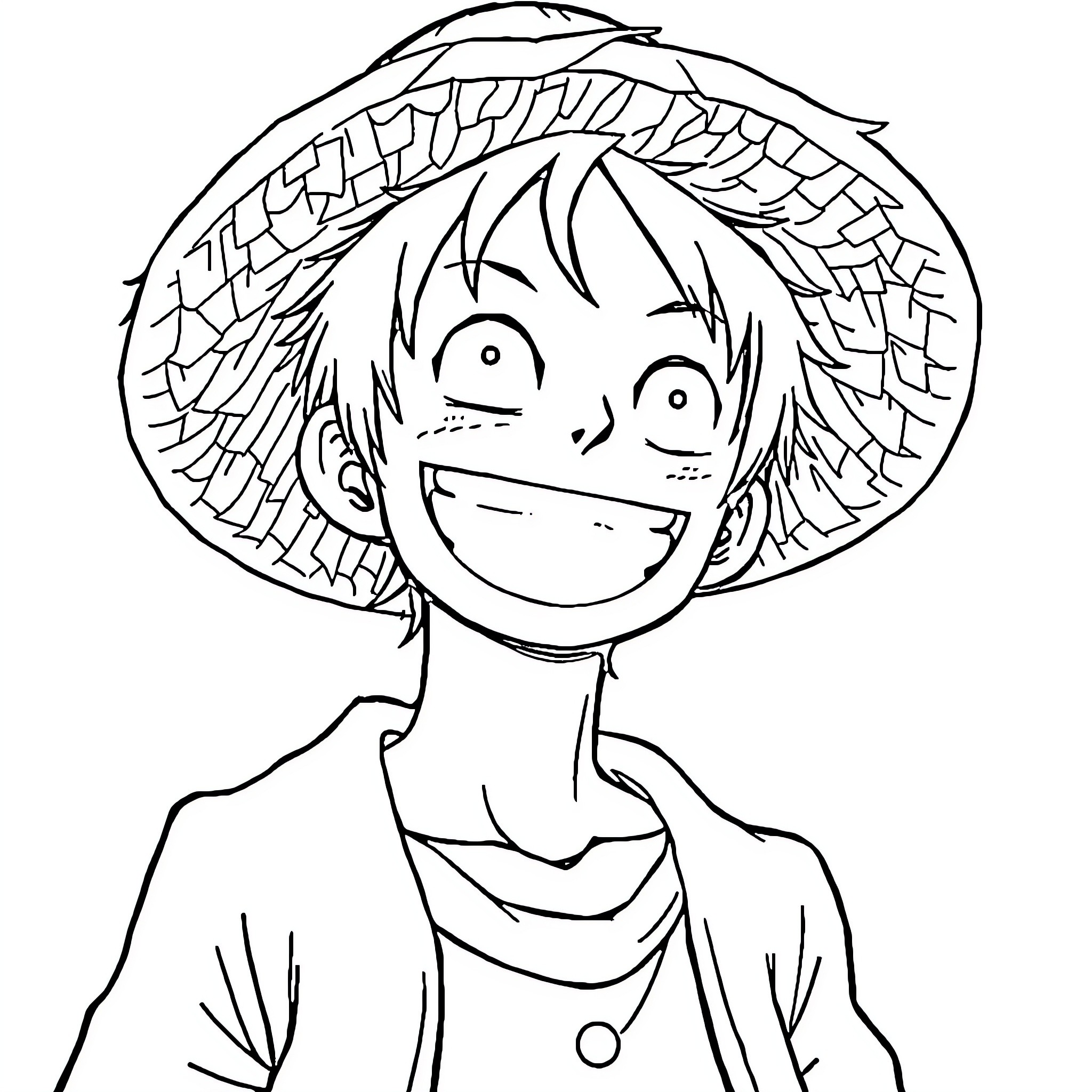 Luffy's Iconic Straw Hat Adventure Coloring Page (free black-and-white line drawing printable PDF for all, from beginners to advanced learners, including children, teens, adults, and seniors)