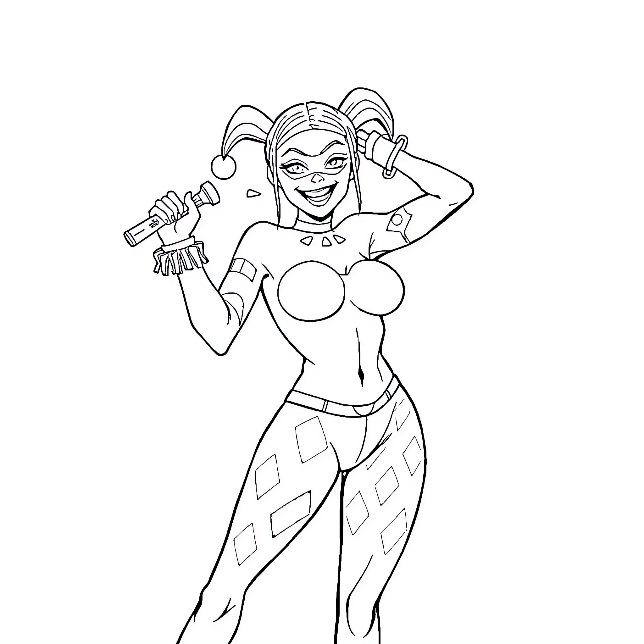 Harley Quinn striking a playful pose with bat Coloring Page (free black-and-white line drawing printable PDF for all, from beginners to advanced learners, including children, teens, adults, and seniors)