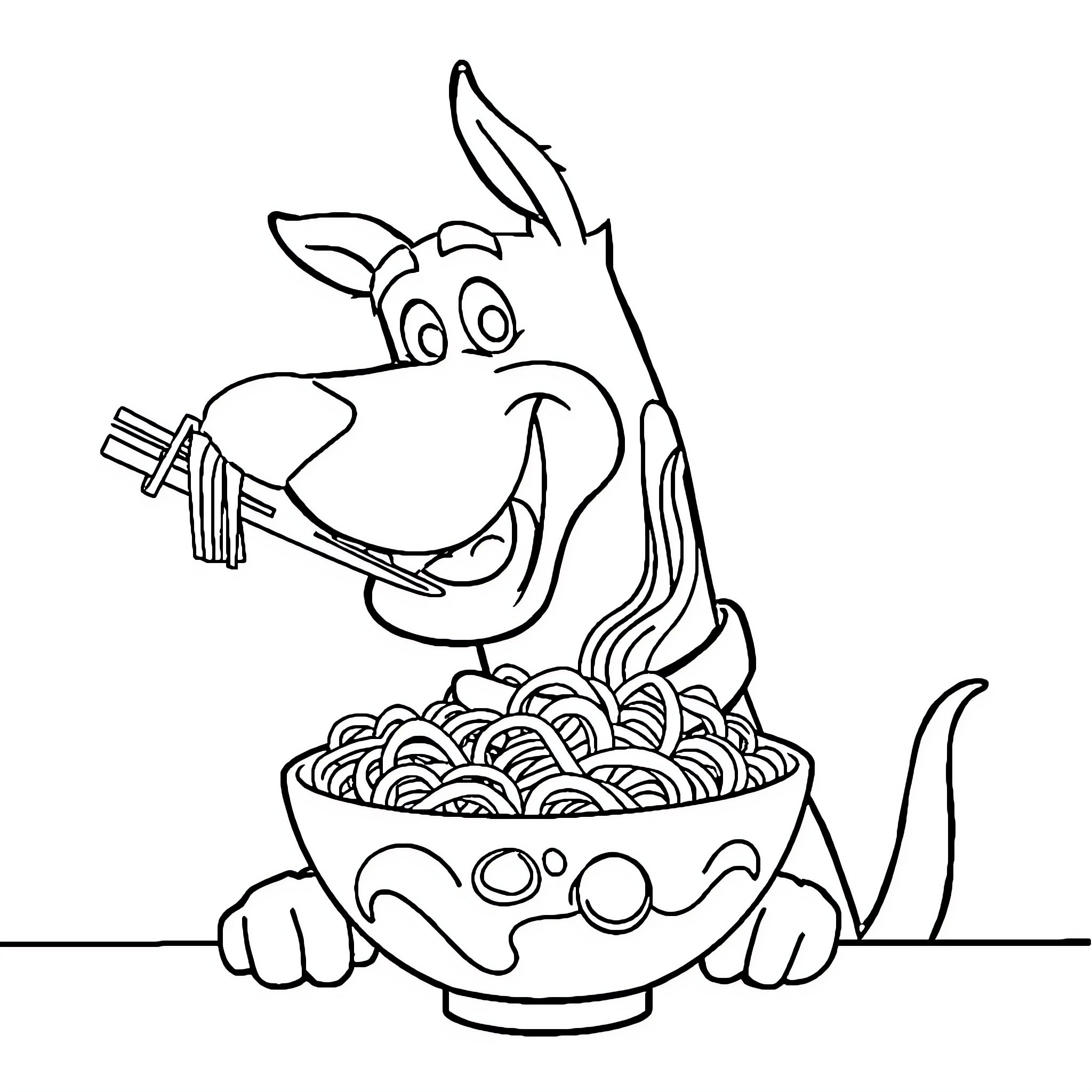 Scooby Doo Enjoying a Bowl of Noodles Coloring Page (free black-and-white line drawing printable PDF for all, from beginners to advanced learners, including children, teens, adults, and seniors)