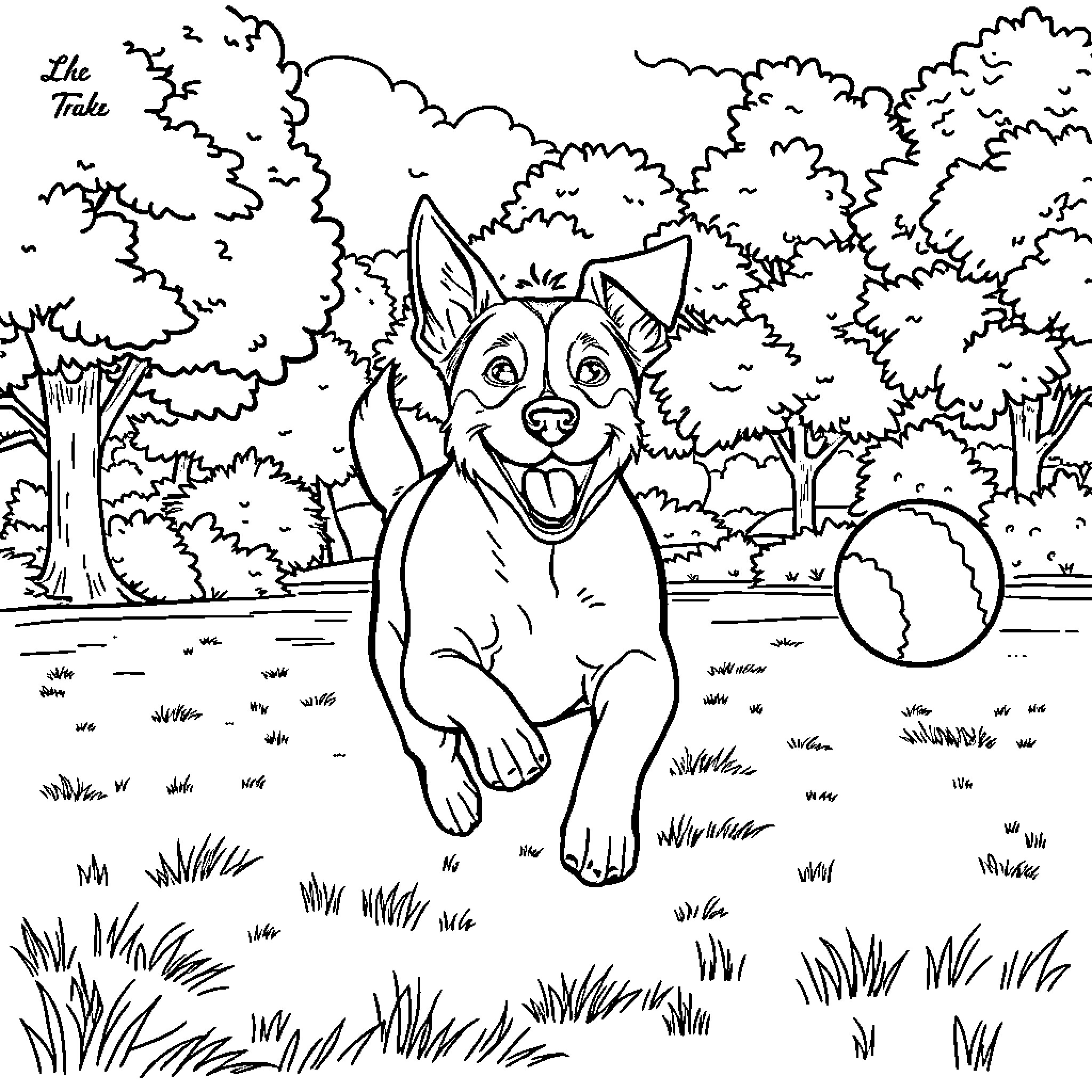 Jack Russell Terrier playing joyfully in the woods Coloring Page (free black-and-white line drawing printable PDF for all, from beginners to advanced learners, including children, teens, adults, and seniors)