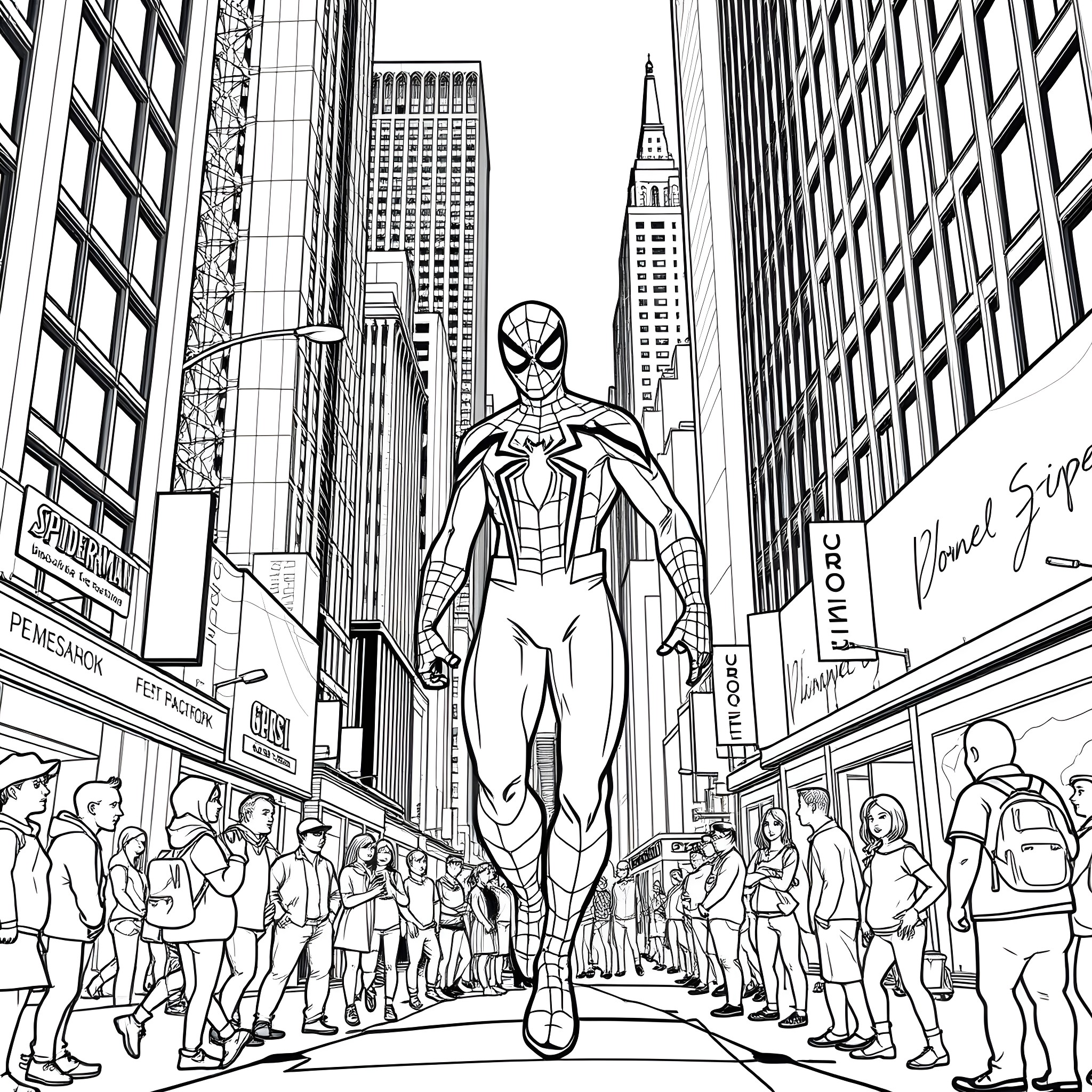 Spider-Man in Action on the City Streets Coloring Page (free black-and-white line drawing printable PDF for all, from beginners to advanced learners, including children, teens, adults, and seniors)