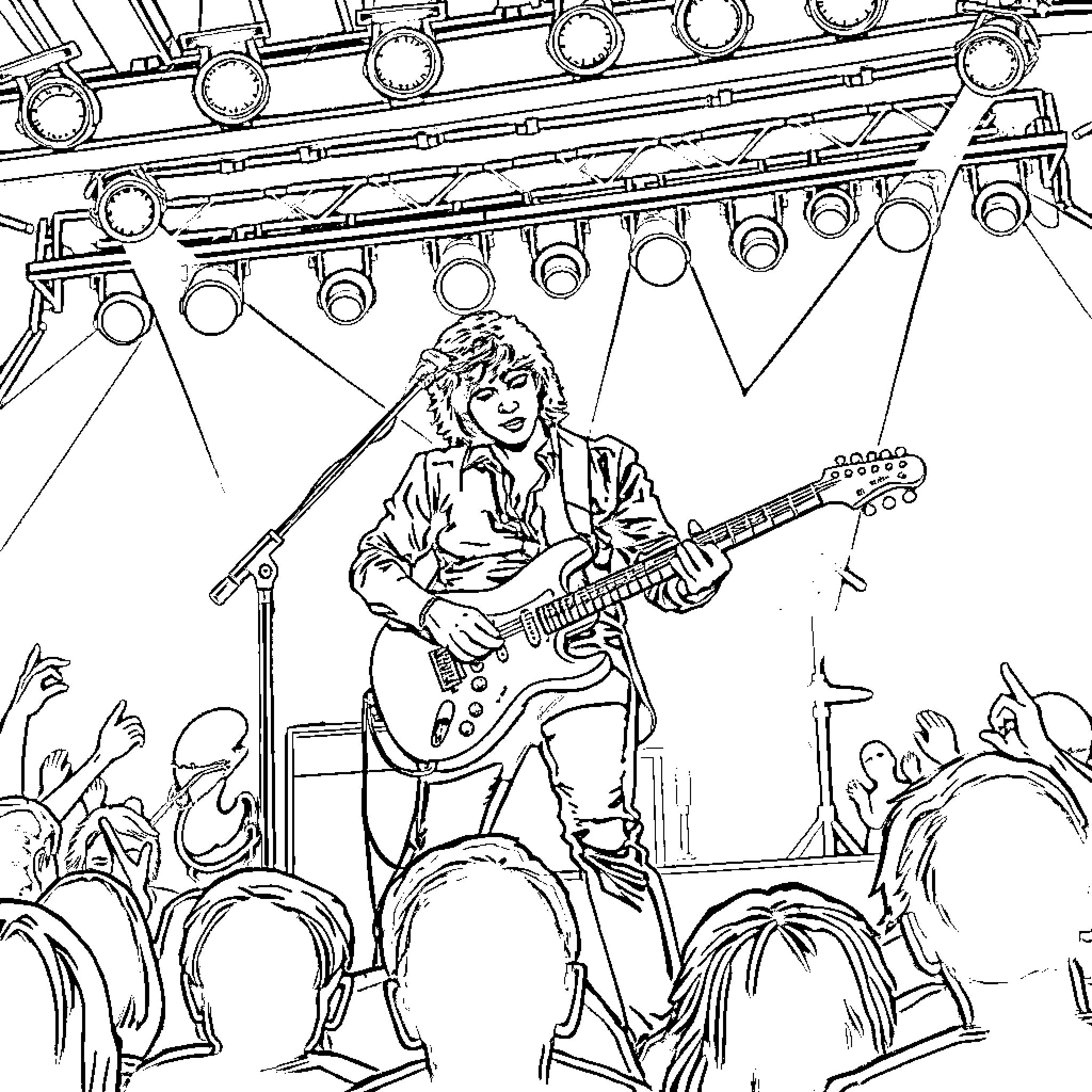 Daniel Ash performing energetically on stage with guitar Coloring Page (free black-and-white line drawing printable PDF for all, from beginners to advanced learners, including children, teens, adults, and seniors)
