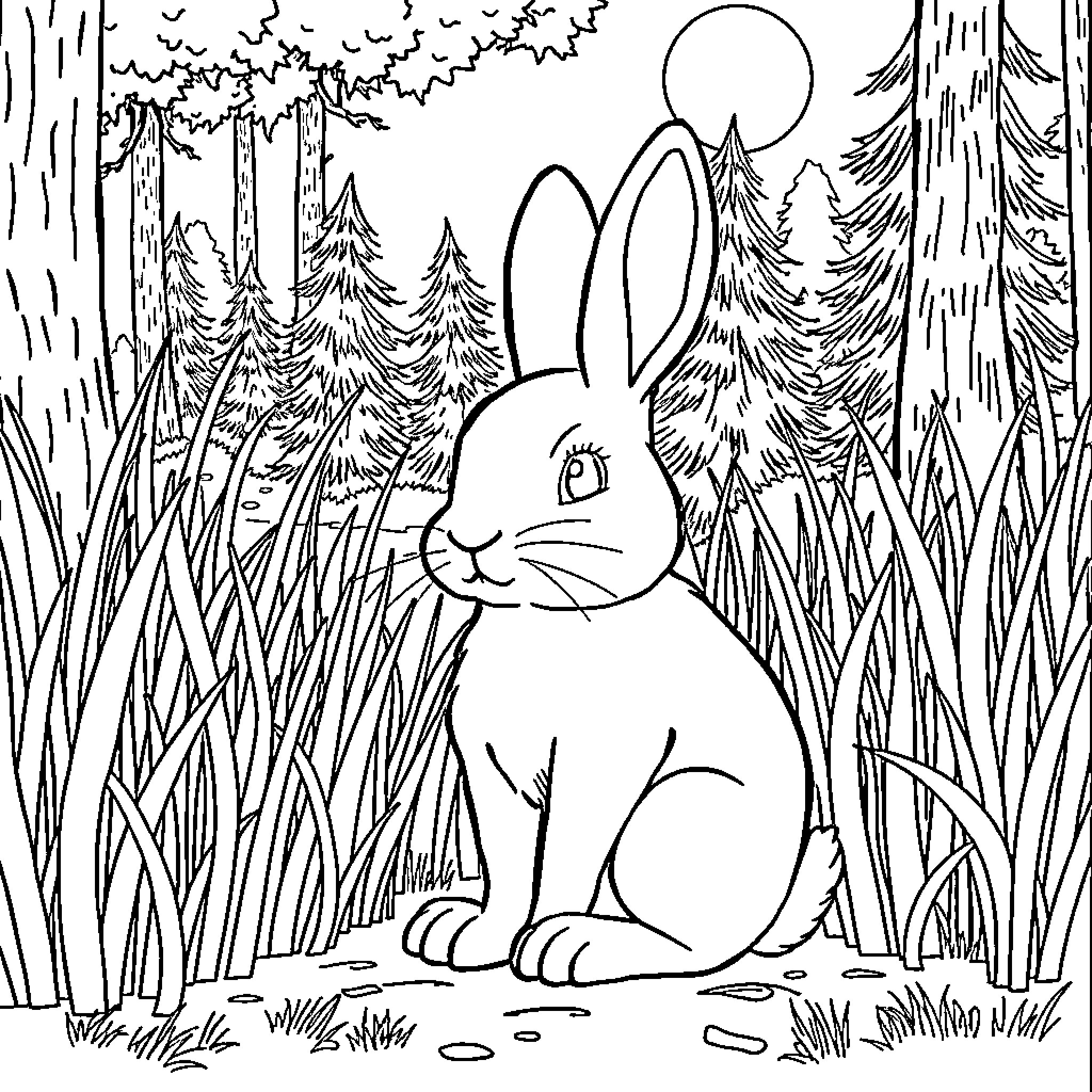 Bunny in the forest at night Coloring Page (free black-and-white line drawing printable PDF for all, from beginners to advanced learners, including children, teens, adults, and seniors)