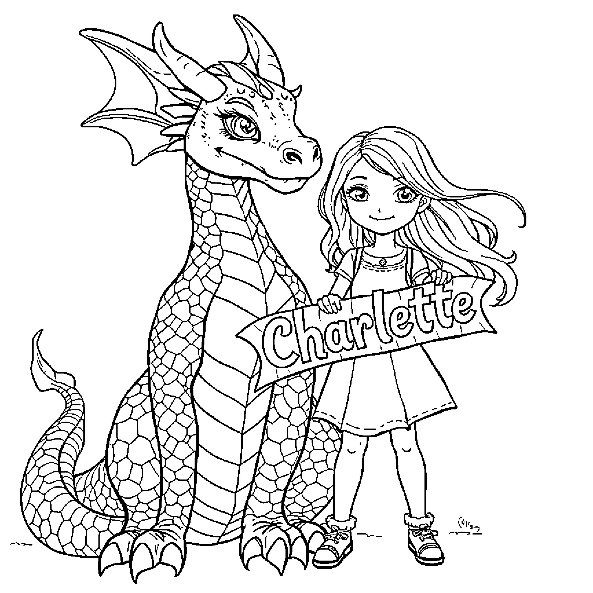 Dragon and young girl holding a sign Coloring Page (free black-and-white line drawing printable PDF for all, from beginners to advanced learners, including children, teens, adults, and seniors)