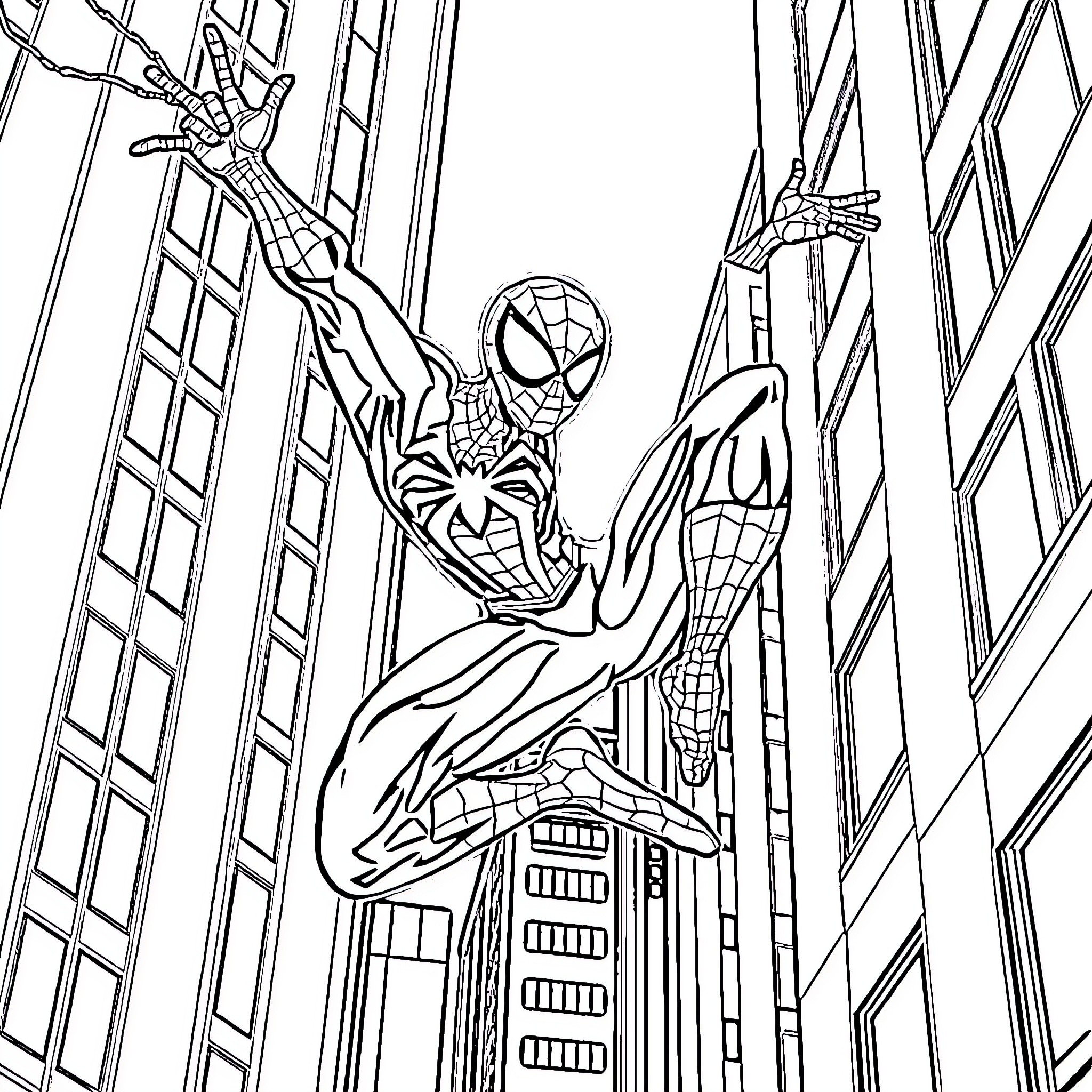 Spider-Man swinging through the city with heroic pose Coloring Page (free black-and-white line drawing printable PDF for all, from beginners to advanced learners, including children, teens, adults, and seniors)