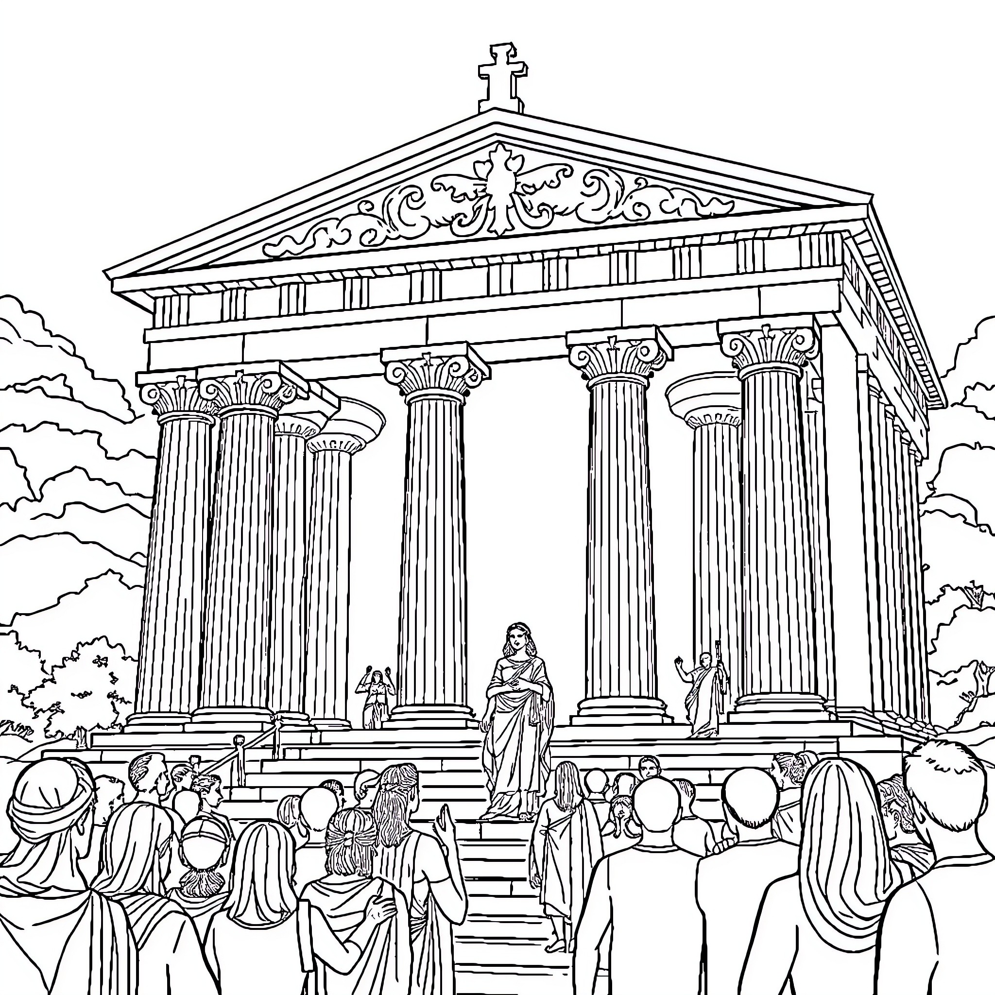 Aphrodite's Temple and Worshippers Coloring Page (free black-and-white line drawing printable PDF for all, from beginners to advanced learners, including children, teens, adults, and seniors)