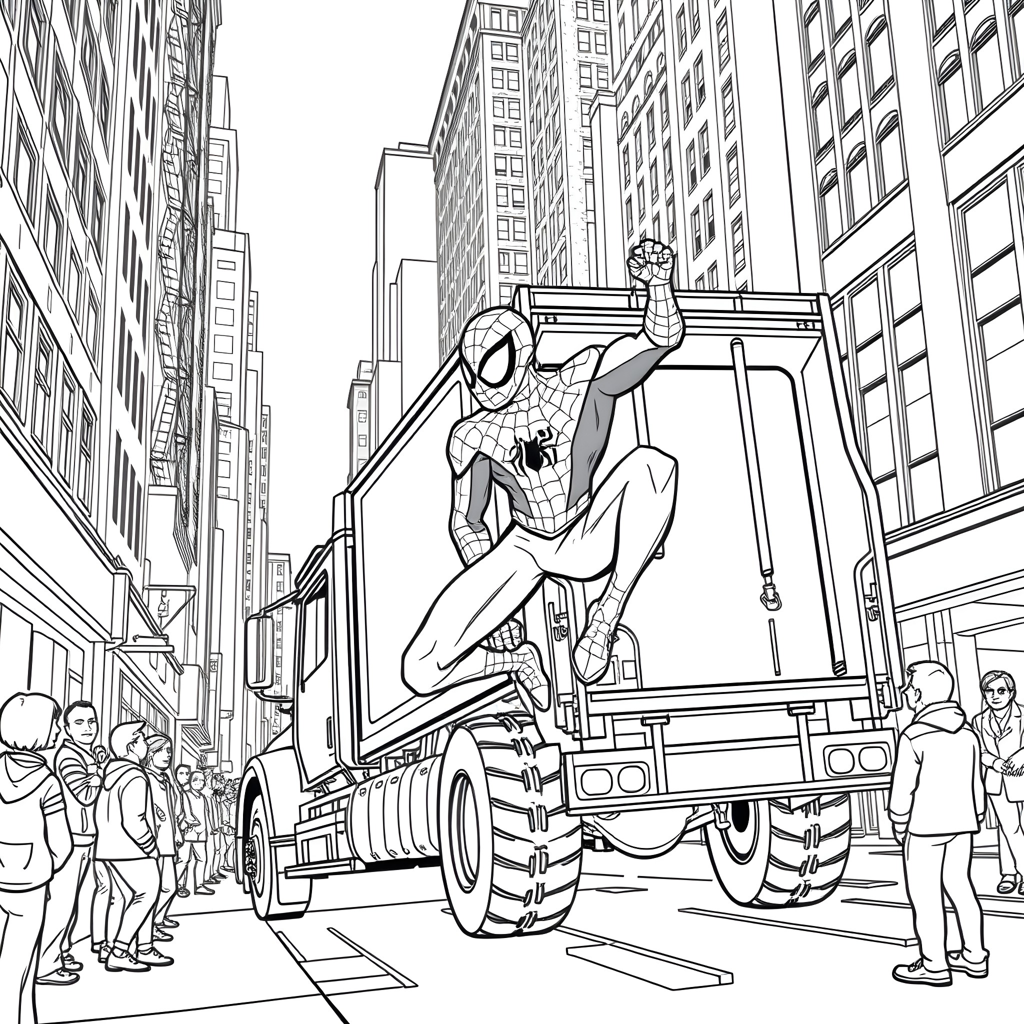Spiderman swinging through the city on a truck Coloring Page (free black-and-white line drawing printable PDF for all, from beginners to advanced learners, including children, teens, adults, and seniors)
