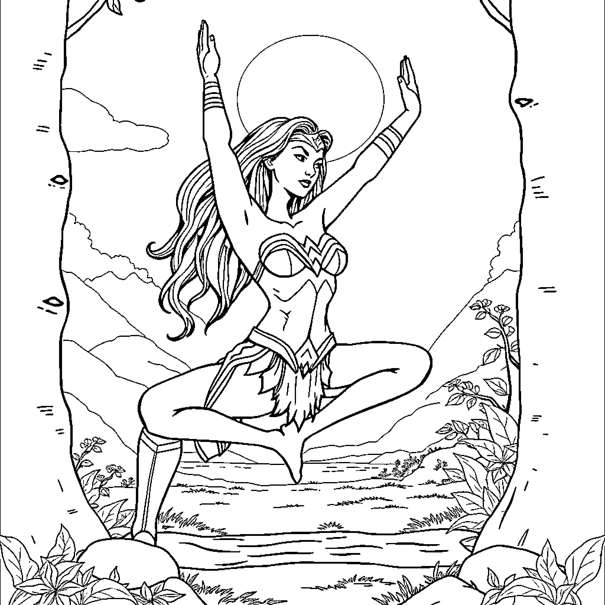 Wonder Woman's Heroic Pose in Nature's Embrace Coloring Page (free black-and-white line drawing printable PDF for all, from beginners to advanced learners, including children, teens, adults, and seniors)