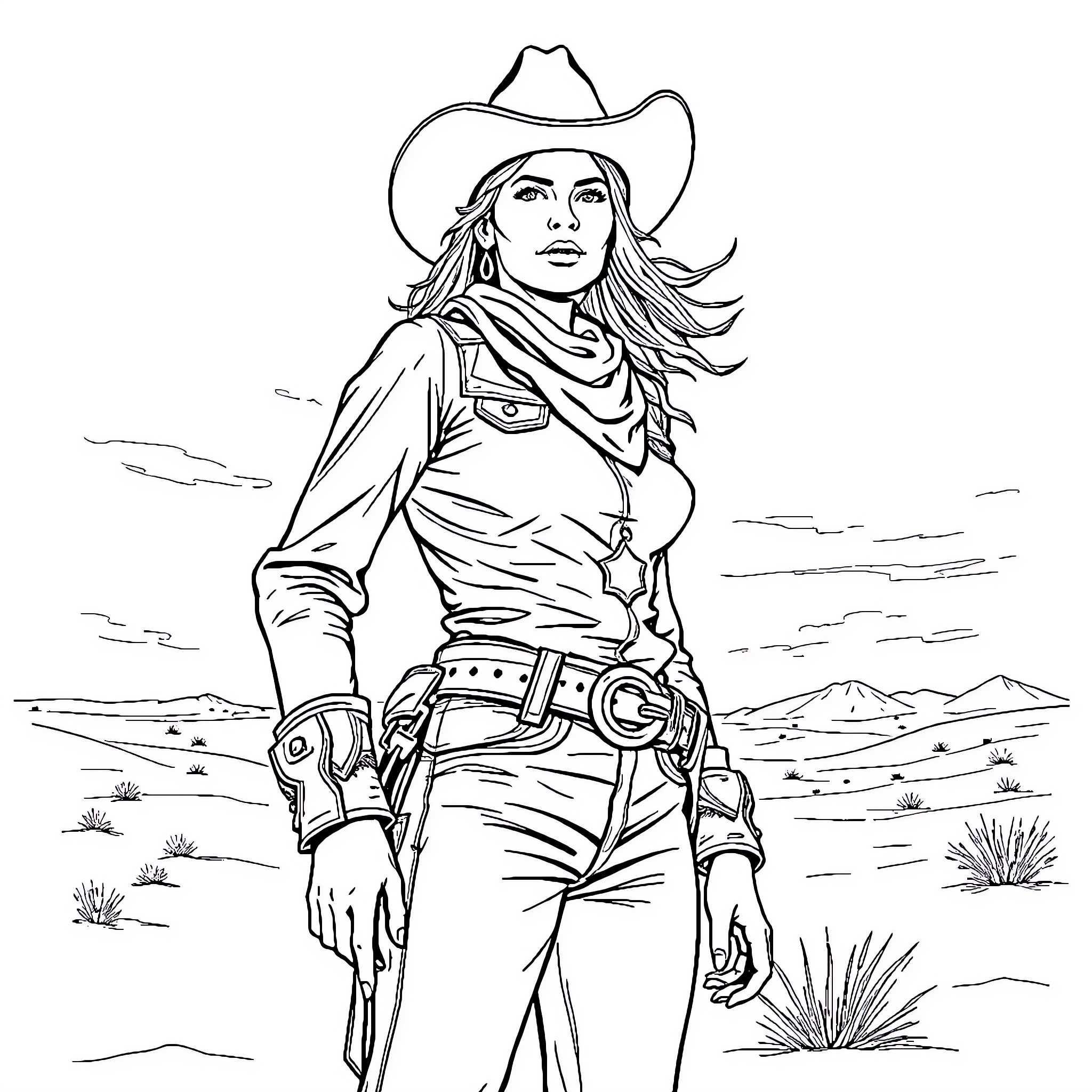 Cowboy Woman Standing Tall in the Desert Landscape Coloring Page (free black-and-white line drawing printable PDF for all, from beginners to advanced learners, including children, teens, adults, and seniors)