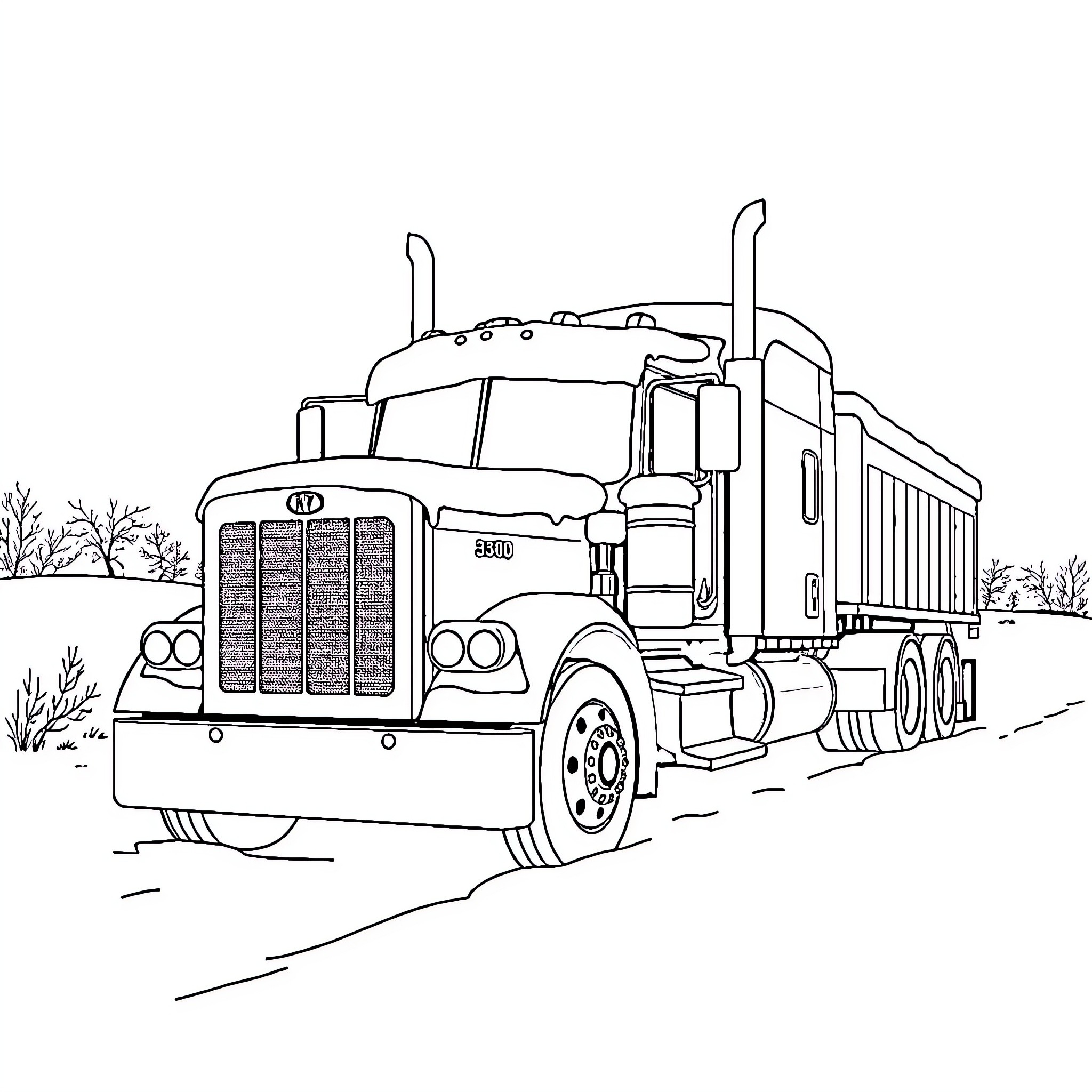 Peterbilt Truck on Rural Road Coloring Page (free black-and-white line drawing printable PDF for all, from beginners to advanced learners, including children, teens, adults, and seniors)