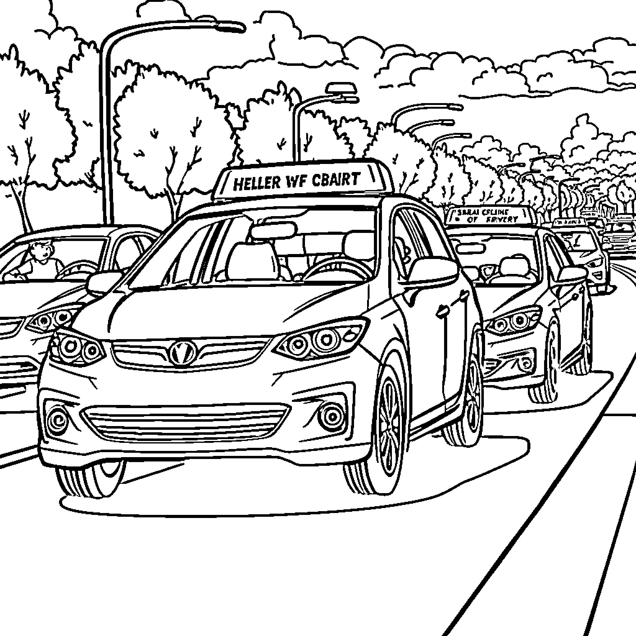 Car Commuting on the Busy Highway Coloring Page (free black-and-white line drawing printable PDF for all, from beginners to advanced learners, including children, teens, adults, and seniors)