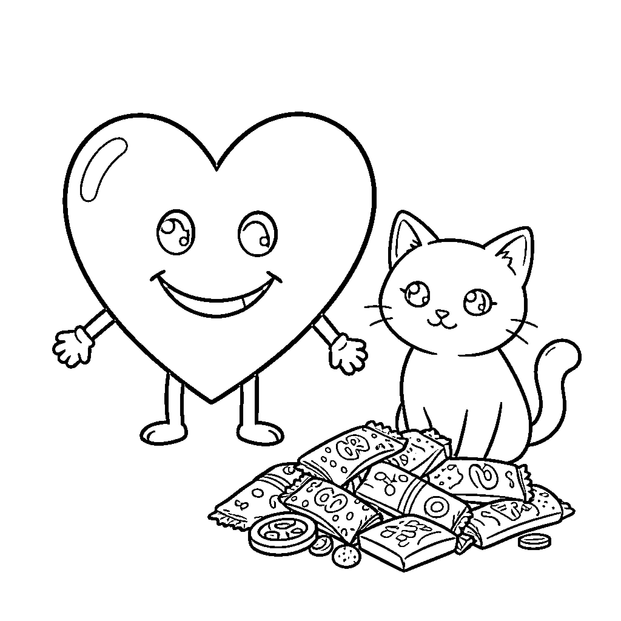 Heart smiling next to a cute kitten and candies Coloring Page (free black-and-white line drawing printable PDF for all, from beginners to advanced learners, including children, teens, adults, and seniors)