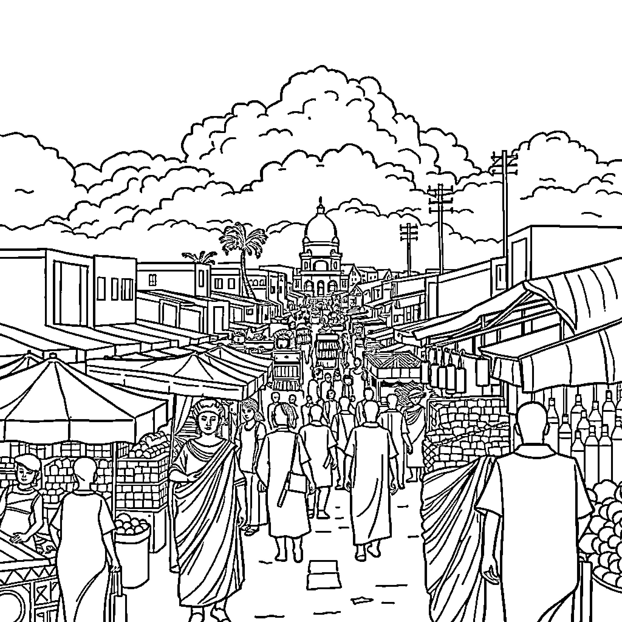 Ibadan bustling marketplace with vibrant crowds Coloring Page (free black-and-white line drawing printable PDF for all, from beginners to advanced learners, including children, teens, adults, and seniors)
