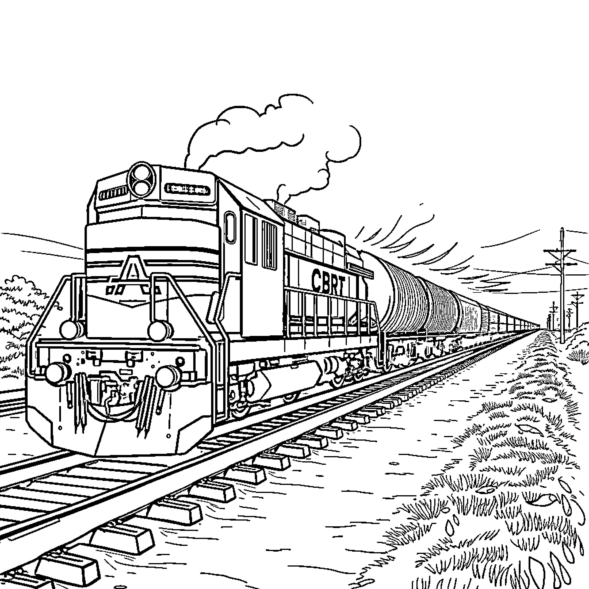 Freight Train Transporting Cargo Across the Countryside Coloring Page (free black-and-white line drawing printable PDF for all, from beginners to advanced learners, including children, teens, adults, and seniors)