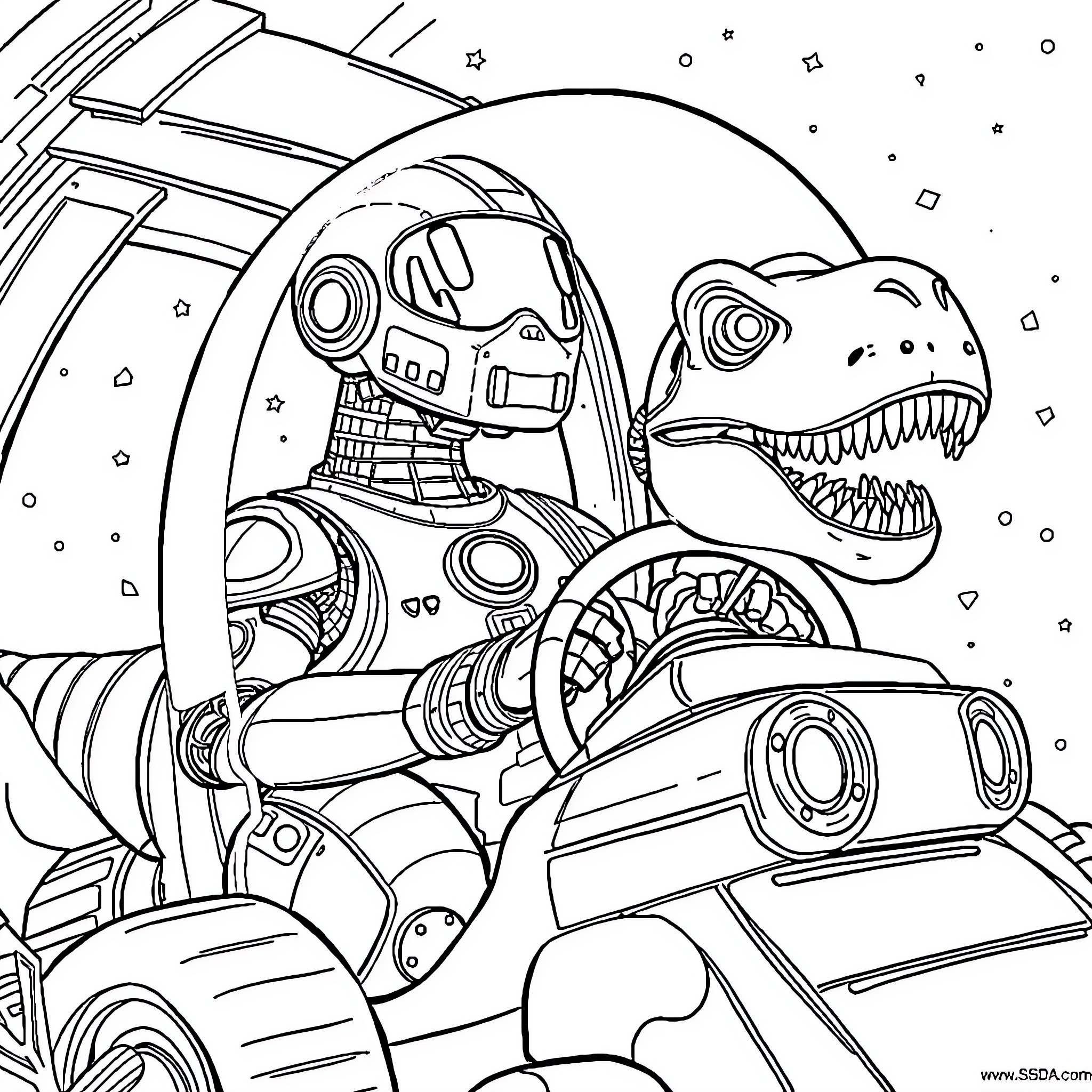 Robot Dinosaur Pilot Exploring Futuristic Landscape Coloring Page (free black-and-white line drawing printable PDF for all, from beginners to advanced learners, including children, teens, adults, and seniors)