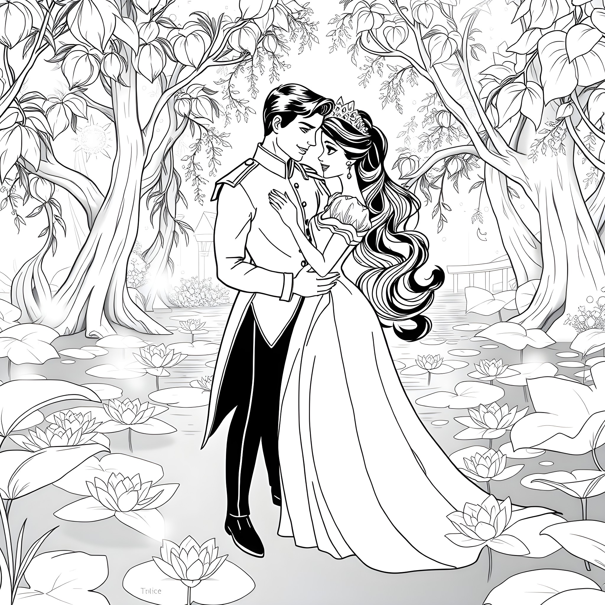 Tiana's Enchanted Embrace Coloring Page (free black-and-white line drawing printable PDF for all, from beginners to advanced learners, including children, teens, adults, and seniors)