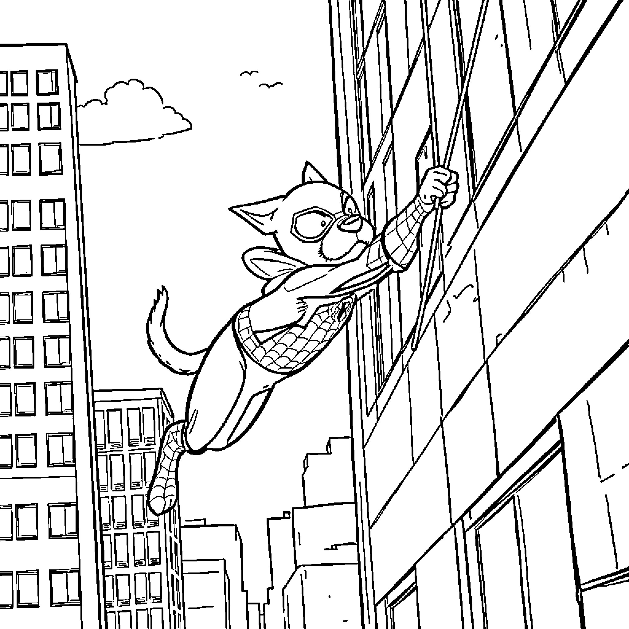 Dog Superhero Swinging through the City Coloring Page (free black-and-white line drawing printable PDF for all, from beginners to advanced learners, including children, teens, adults, and seniors)