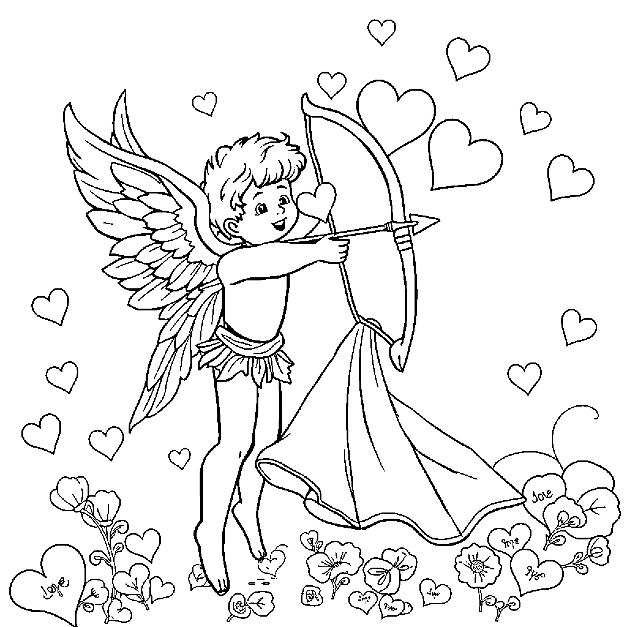 Cupid's Playful Archery in Floral Meadow Coloring Page (free black-and-white line drawing printable PDF for all, from beginners to advanced learners, including children, teens, adults, and seniors)
